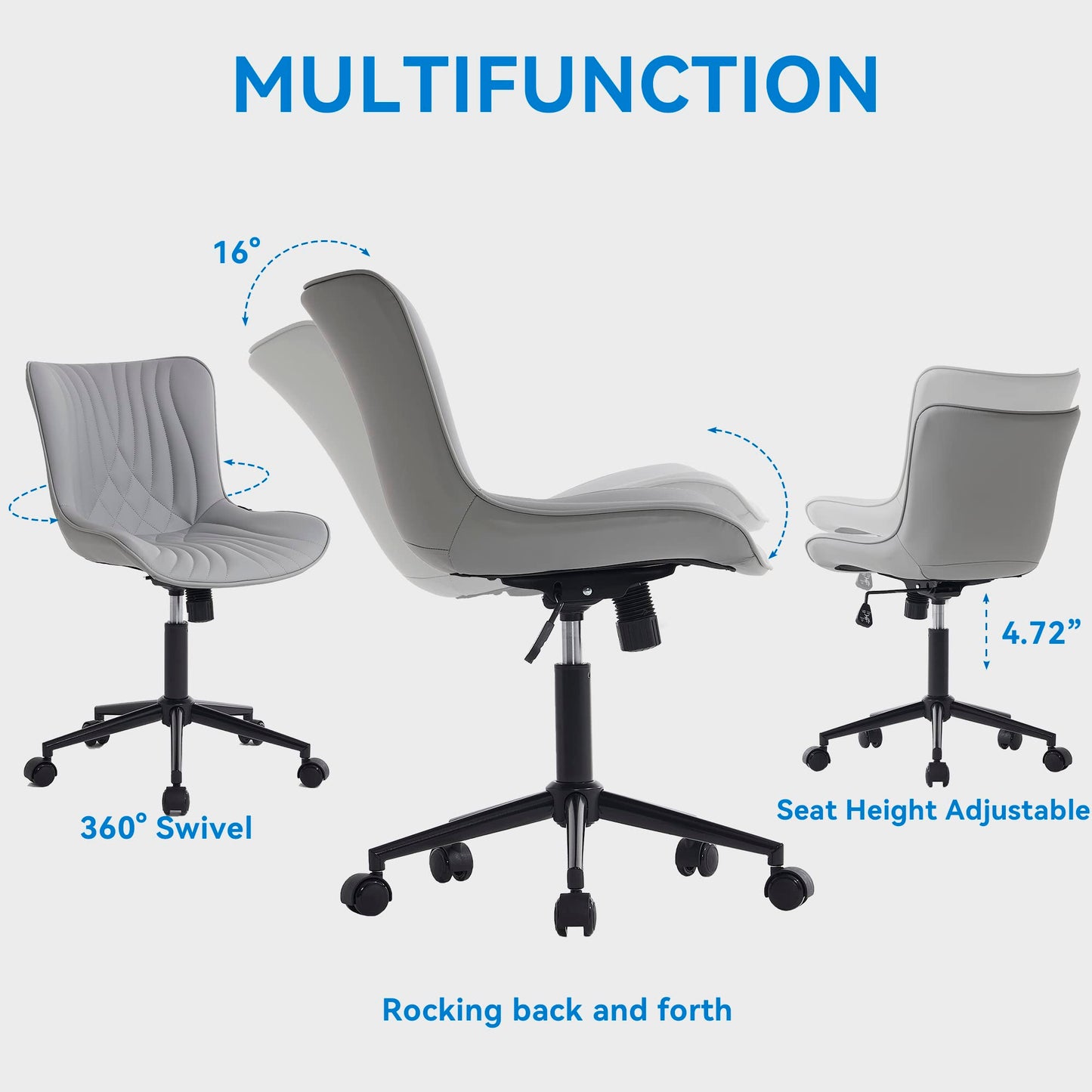 YOUNIKE Office Chair, Armless Desk Chair with Wheels, Adjustable Swivel Rolling Home Office Computer Task Chairs, Modern Faux Leather Upholstered Vanity Chair, Grey