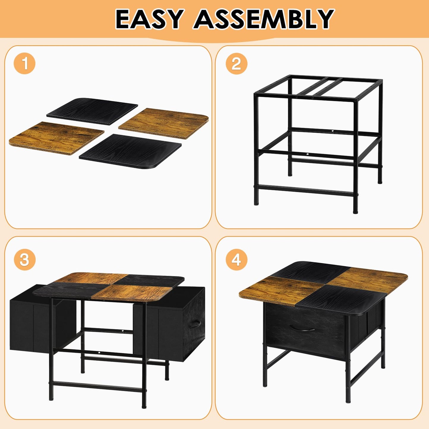 KANEODOT Coffee Tables for Living Room,Modern Small Coffee Table with 2 Large Storage Drawers,Wooden Square Center Table for Small Space,Apartment,Dorm,Home Office,Black Brown