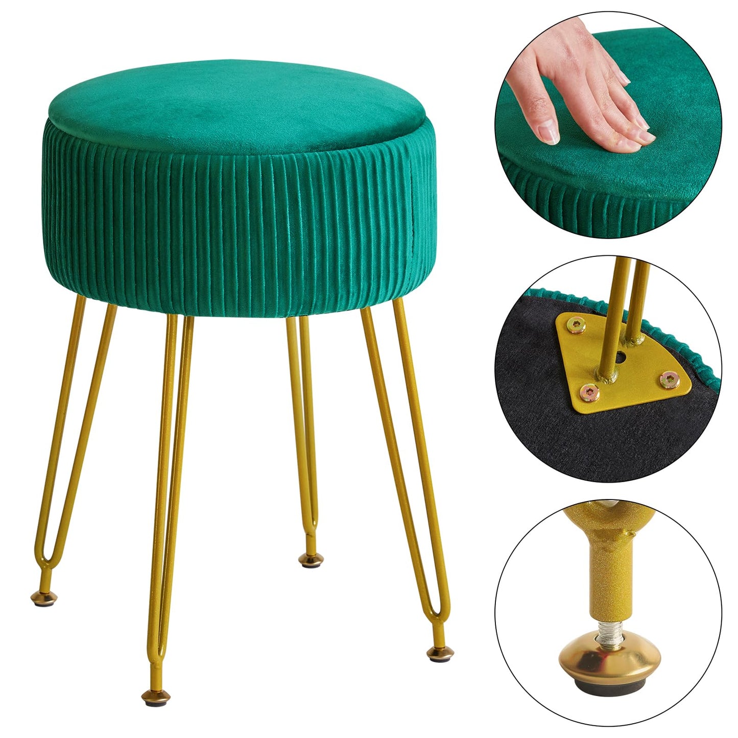IBUYKE Velvet Storage Footrest Stool Ottoman, Makeup Vanity Stool Side Table with Golden Steel Legs Removable Cover, Coffee Table Top Cover, Green LG-20L