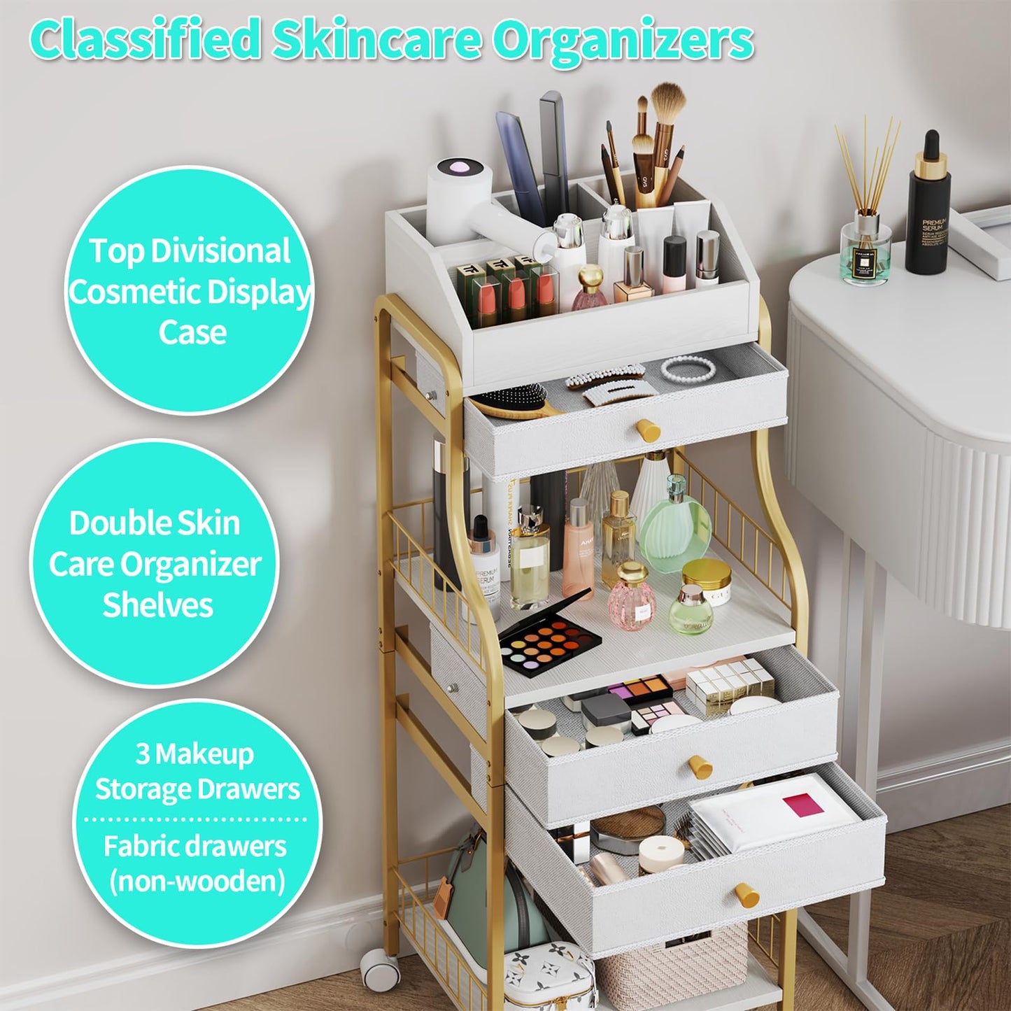 HapiRm Floor Makeup Organizer Storage - Vanity Skincare Make Up Organizers and Storage with Drawers, Cosmetics Display Cases Holder for Skin Care Nail Polish Perfume Makeup Brush, Gold
