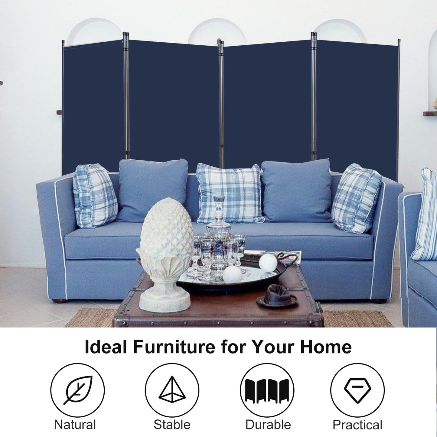 YASRKML Room Divider Folding Privacy Screens, Portable 4 Panel Partition Room Dividers Screen, Freestanding Room Partitions and Dividers, Navy Blue
