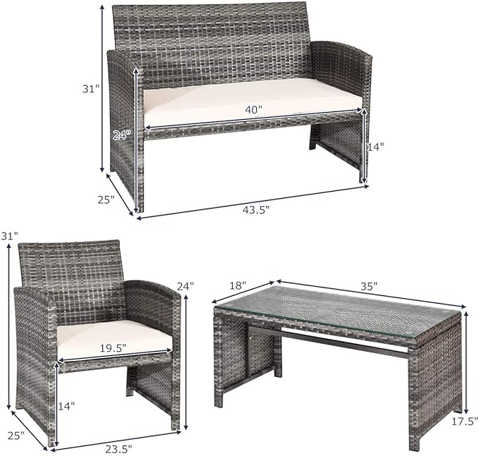 Tangkula 4 PCS Wicker Patio Conversation Set, Outdoor Rattan Sofas