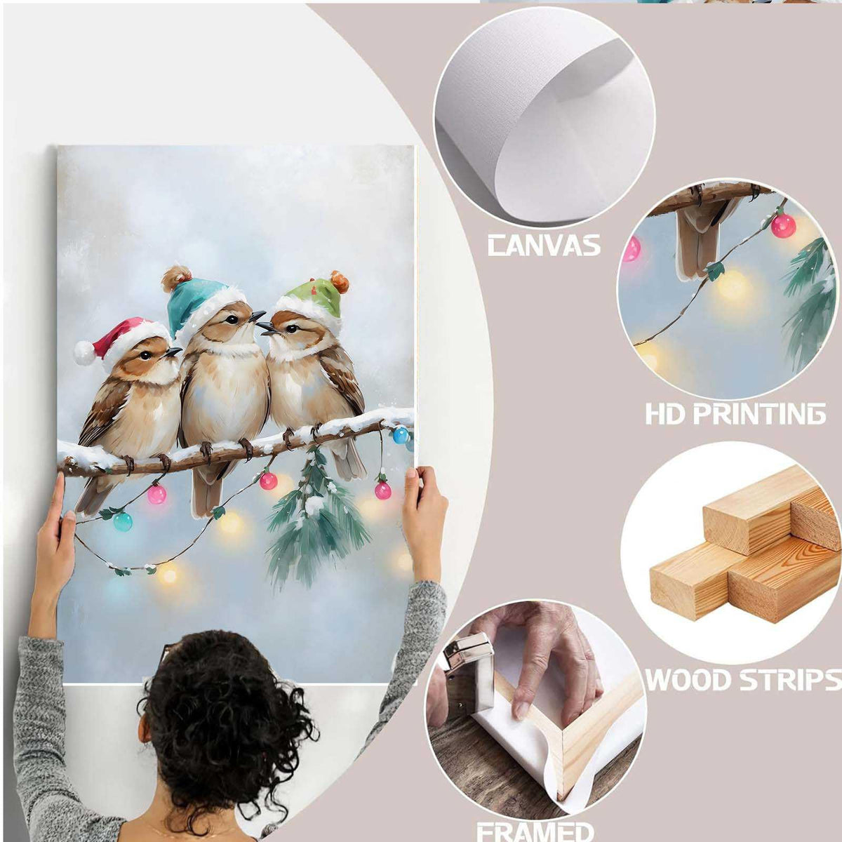 Framed Canvas Wall Art Christmas Birds Winter Art Print Wall Art Holiday Poster Trendy Christmas Decor 8x12in Wood Framed