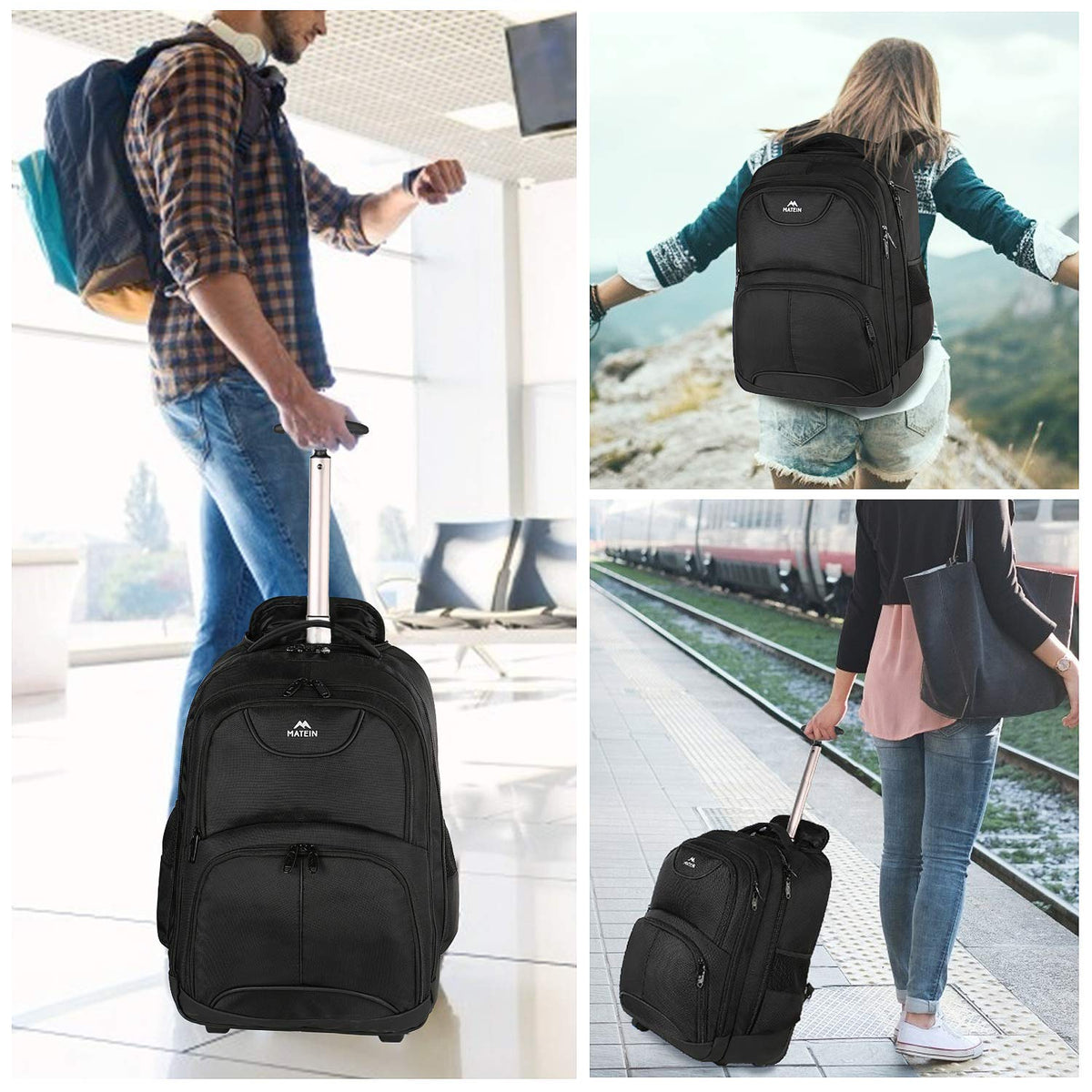 MATEIN Rolling Backpack, 17 inch Water Resistant Wheeled Laptop Backpack, Carry on Luggage Business Bag, Overnight College Computer Bag Trolley Suitcase for Men Women Adults to Travel, Black