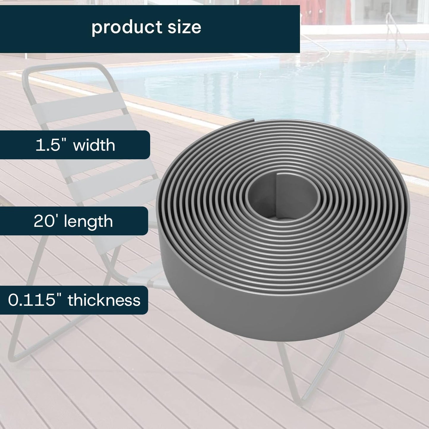 KOMORAX Gray 1.5" Wide 20' Length Chair Vinyl Strap Strapping for Patio Lawn Garden Outdoor Furniture Matte Finish Color