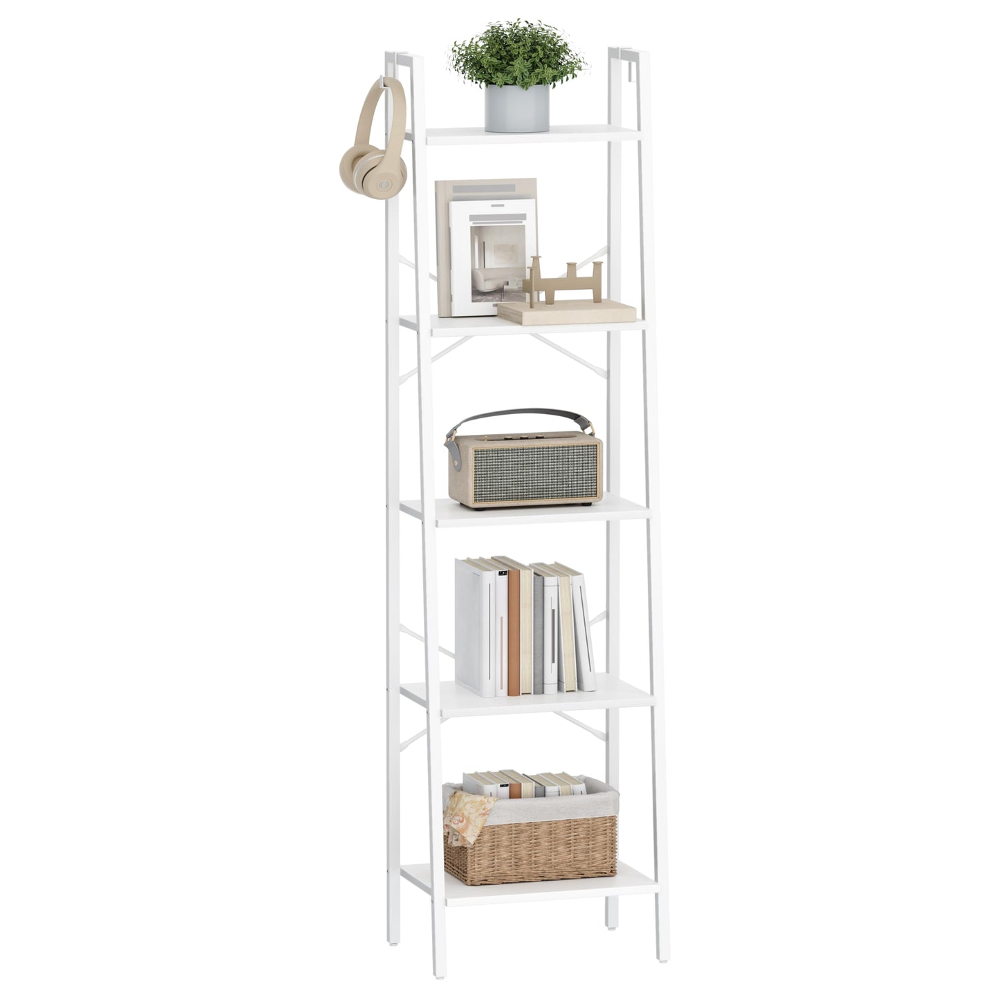 Hzuaneri Ladder Shelf, Bookshelf Bookcase, Freestanding Corner Storage Shelve with 2 Hooks for Home Office, Living Room, Kitchen, Bedroom, Industrial, 11.8" D x 17.3" W x 63" H, White BC19213W