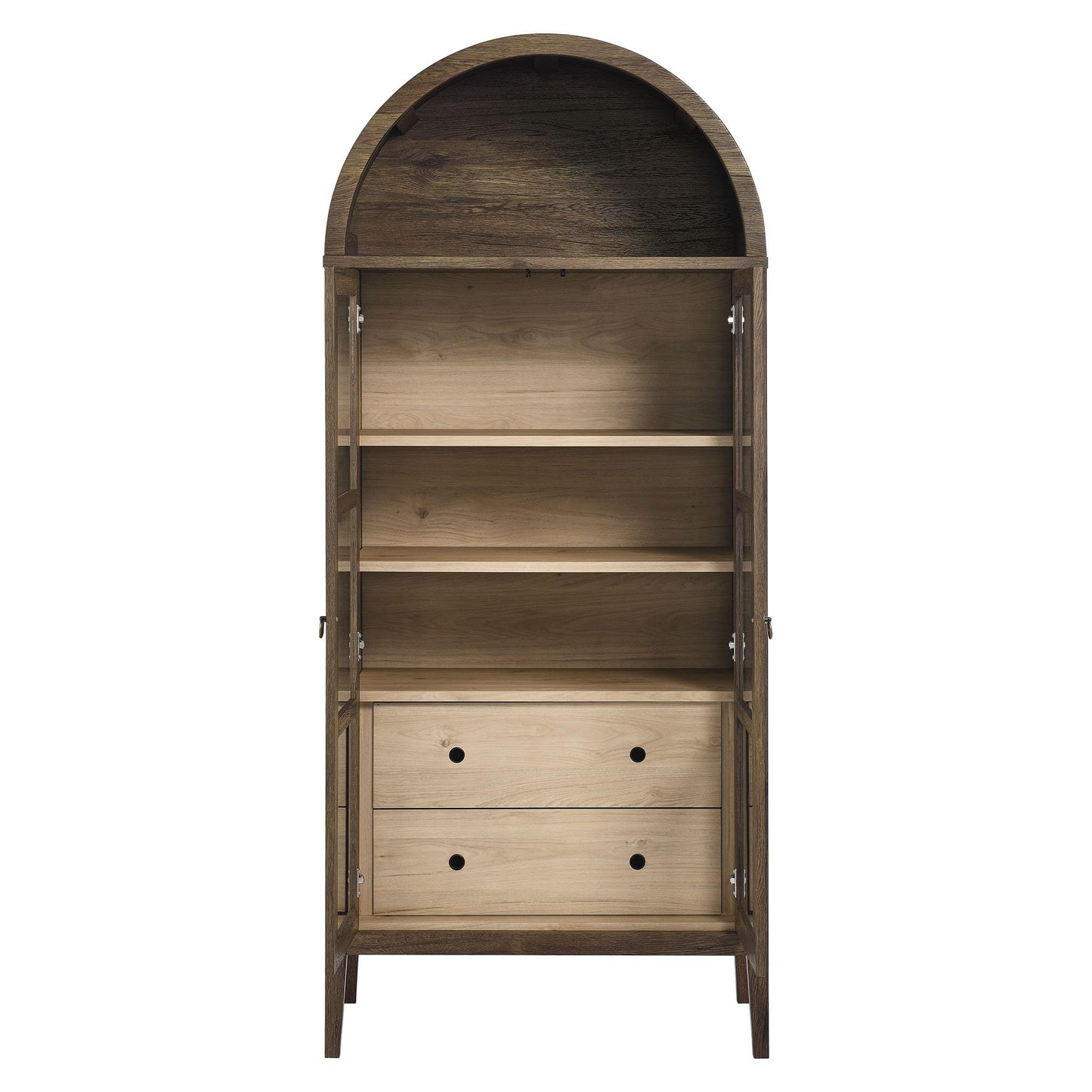 Modway Nolan Modern Farmhouse 71 Inch Tall Arched Storage Display Cabinet in Walnut Hickory Wood Grain - 4-Tier Bookcase with Glass Doors and Shelves - Arch Accent Cabinet for Living Room