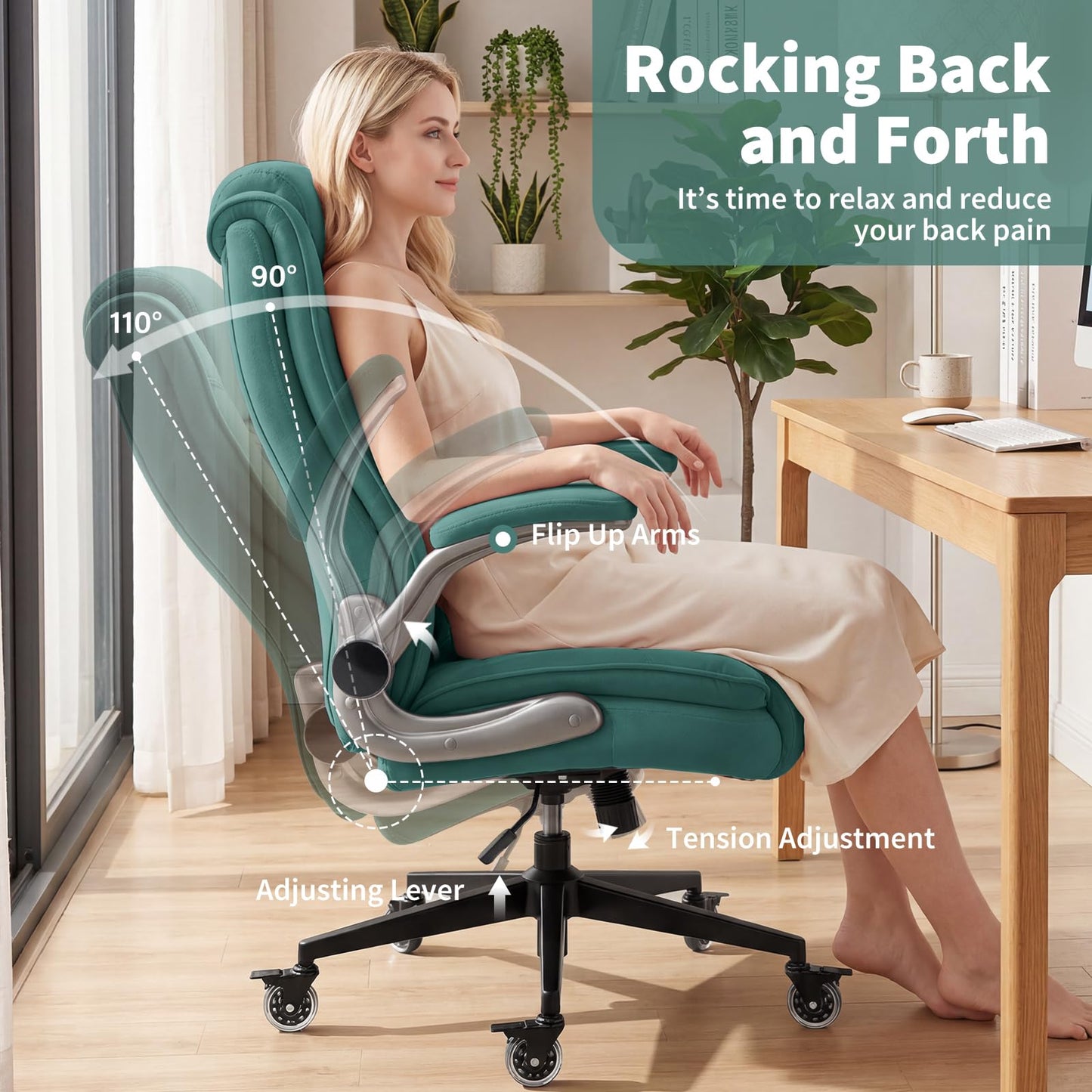 Fabric High Back Office Chair with Lockable Quiet Casters, Thick Padded Ergonomic Computer Chair- Adjustable Lumbar Support & Flip-Up Arms, Wide Executive Desk Chair for Back Pain, 400LBS Capacity