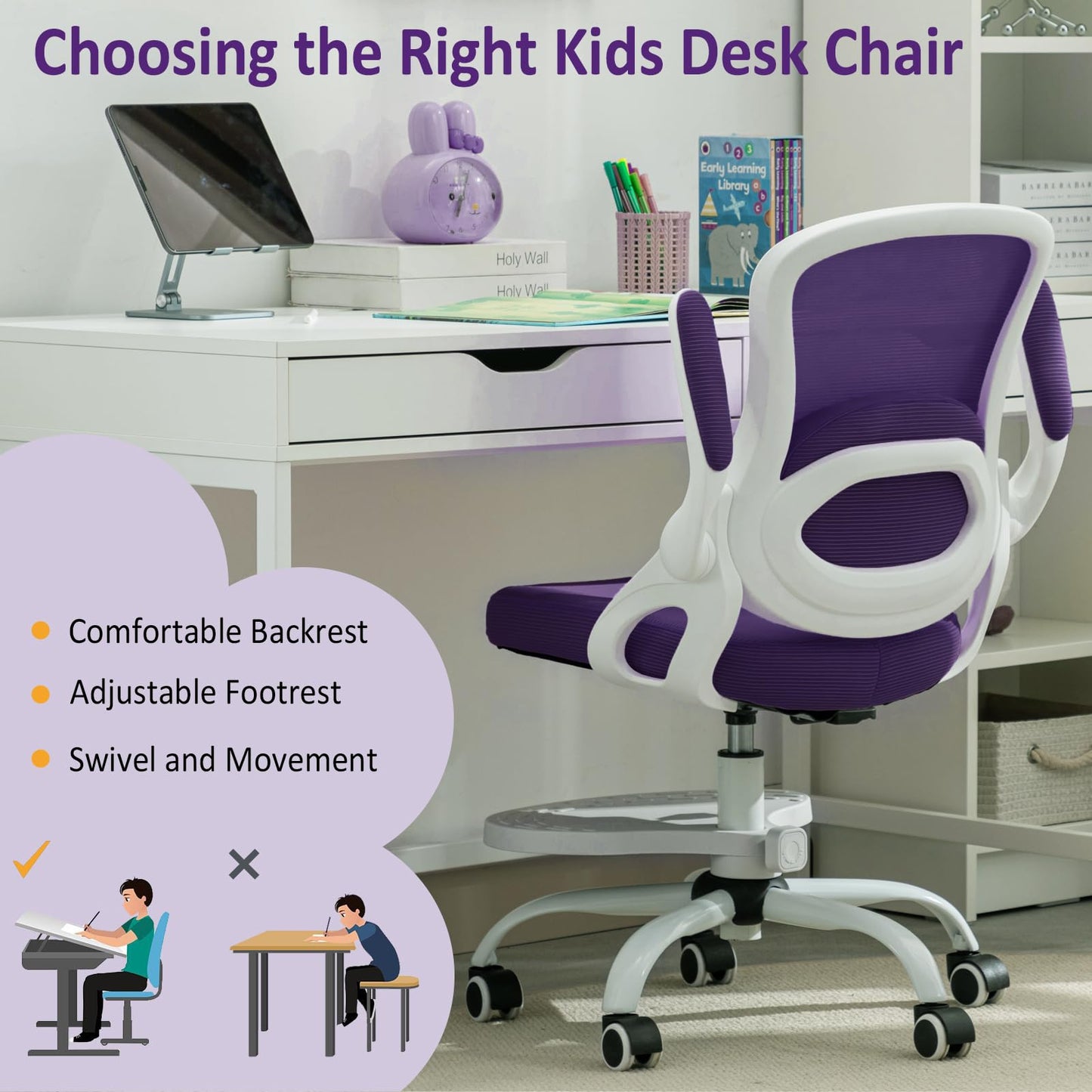Kids Desk Chair,Ergonomic Study Chair with Adjustable Height,Swivel Mesh Desk Chair with Wheels,Home Office Chair for Children in Home Bedroom Purple