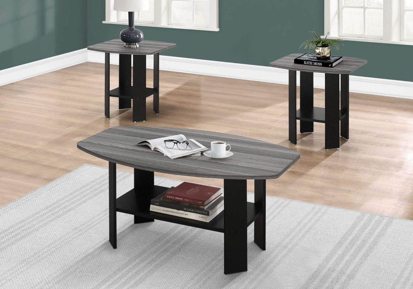 Offex 3 Piece Living Room Table Set with Grey Top - Black