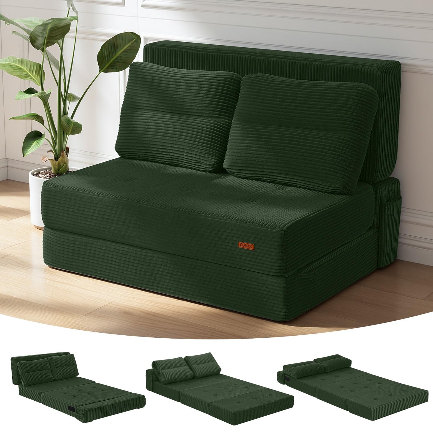 COMAX Folding Sofa Bed, Foldable Couch for Bedroom, Convertible Floor Sleeper Futon Chair Foam, Corduroy 3 in 1 Fold Out Chair Portable Comfy Lounge Couch Sofa Bed for Small Space, Twin, Green