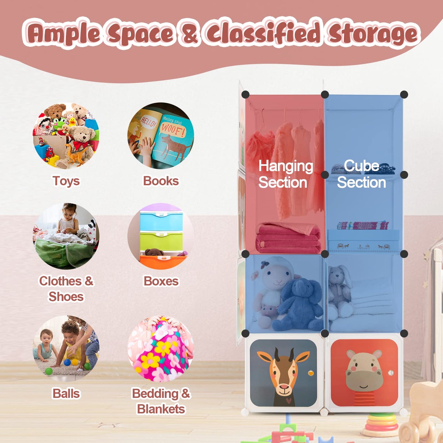 Costzon Kids Closet, Cartoon DIY Modular Dresser Storage Organizer with 8 Cubes & Clothes Hanging Rack, Portable Armoire for Baby Toddlers, Kids Wardrobe for Bedroom Nursery, White