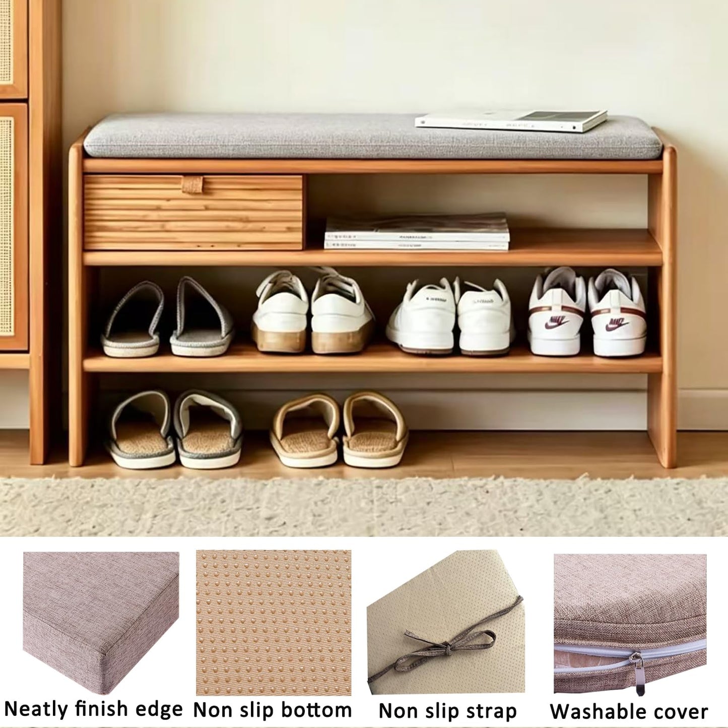 Saula 36 x 12 Inch Piano Bench Cushions for Indoor Furniture with Ties Non Slip Kitchen Dining Room Bench seat Cushion for Shoe Storage Ottoman Window Settee pad, Khaki