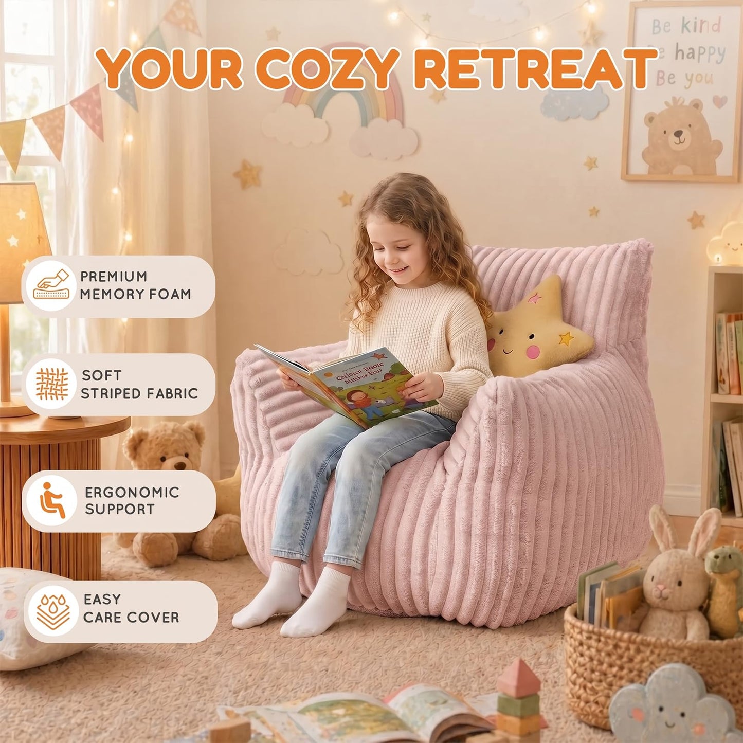 MaxiBean Bean Bag Chair - Plush Faux Fur Floor Seating Furniture Bean Bag Chair for Living Room, Bedroom, Playroom (2.5FT Stripe Pink)