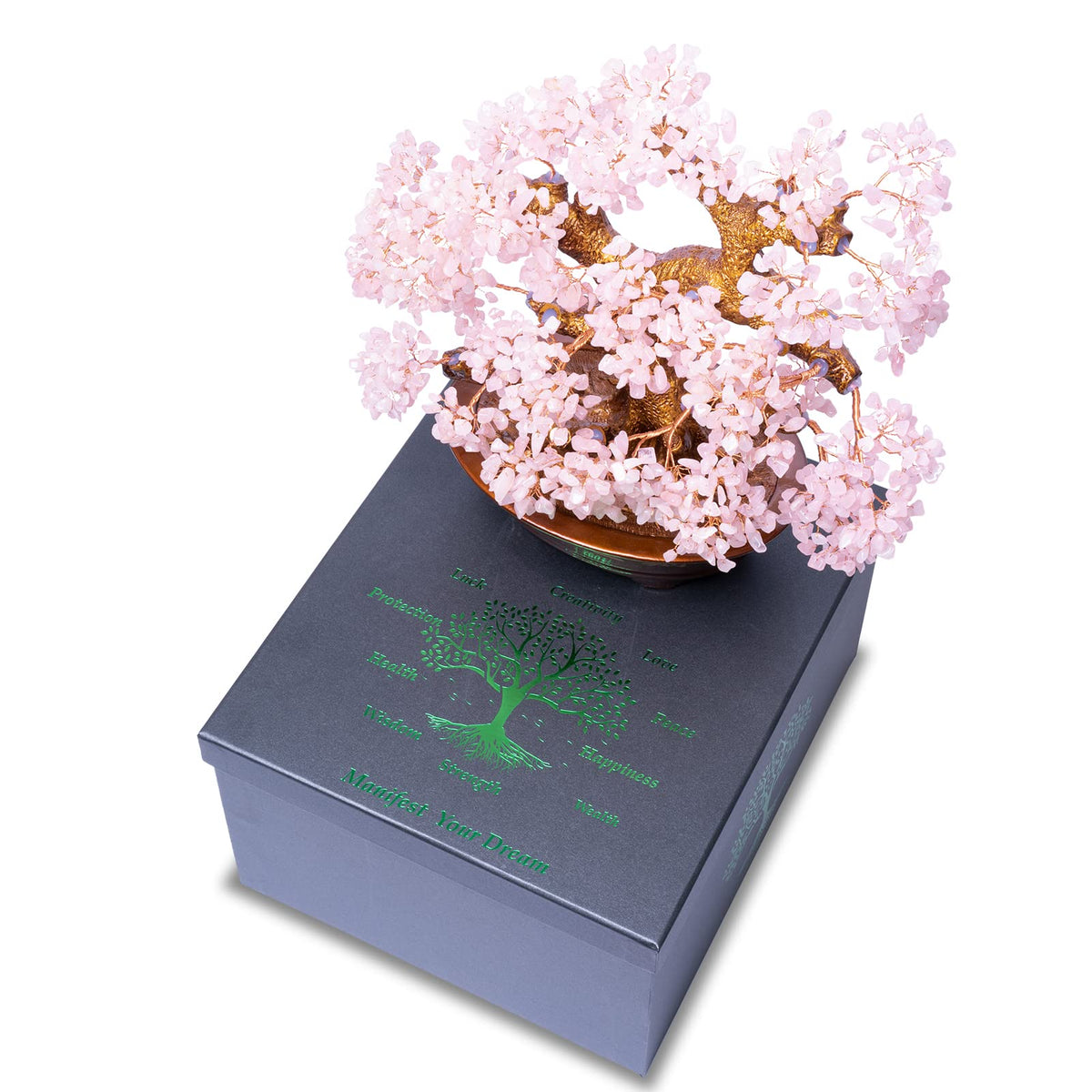 GEMBOURY Natural Rose Quartz Tree Large,14" Chakra Crystal Tree(1,251 Gemstone Count) w/Lucky Coins Chain Healing Properties - Bonsai Feng Shui Money Tree for Love Self Care Home Office Decoration