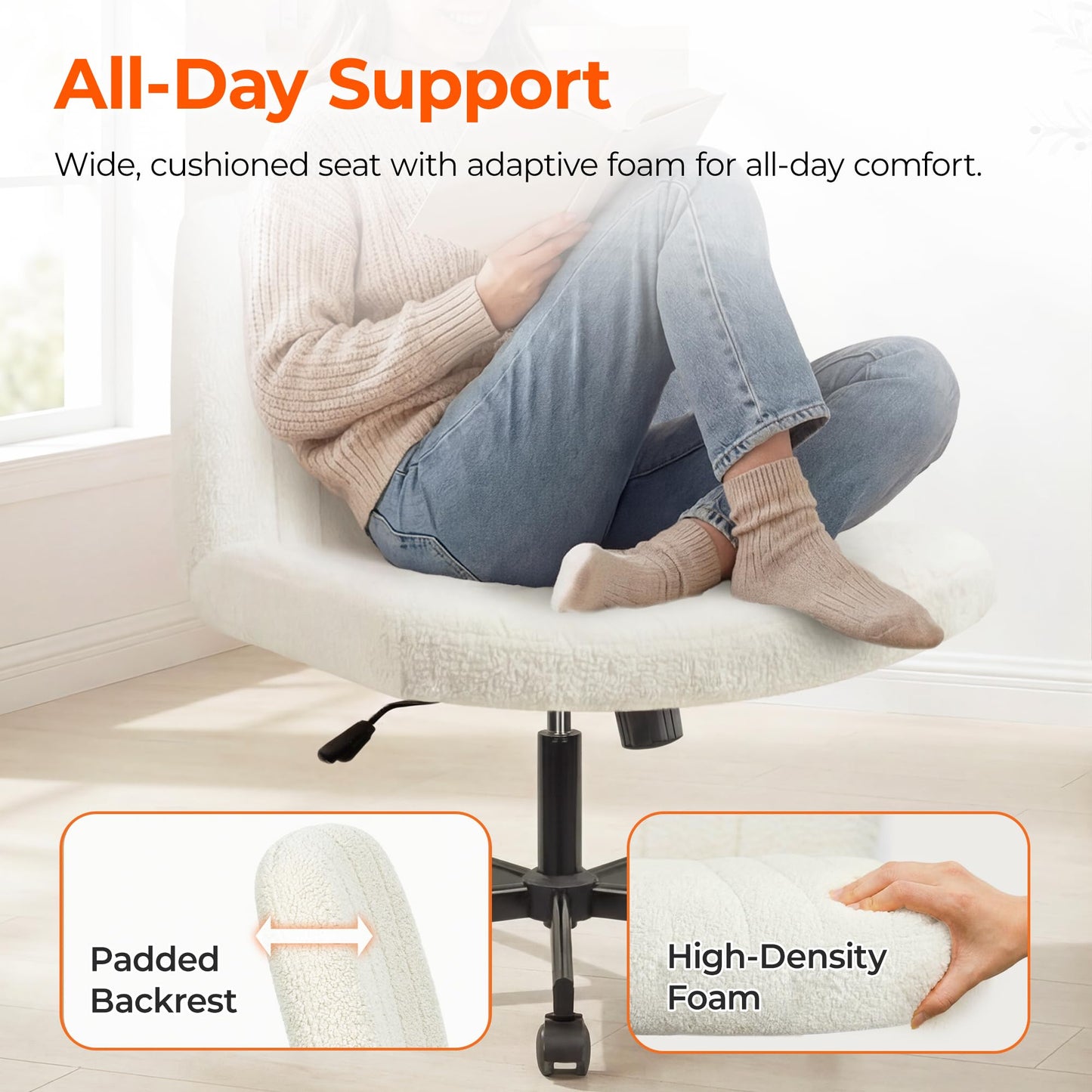 Orange Factory Criss Cross Chair Wheels Vanity Chair Office Desk Comfy Wide Cross Legged Armless Teddy Fabric Adjustable Swivel for Home Computer Task (White, Teddy Fleece)