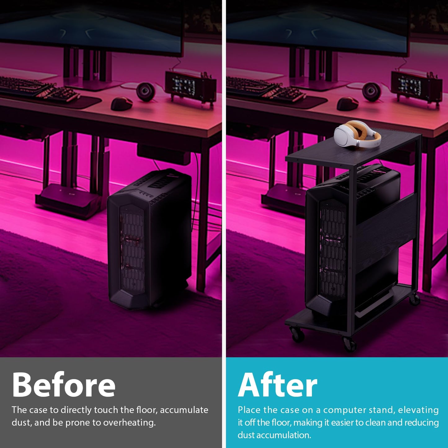 360Tronics Computer Tower Stand, C-Shape Large PC Stand Gaming Computer ATX-Case Storage, 2-Tier Mobile CPU Holder Cart Laptop Standing Table with Rolling Wheels for Home, Office, Black
