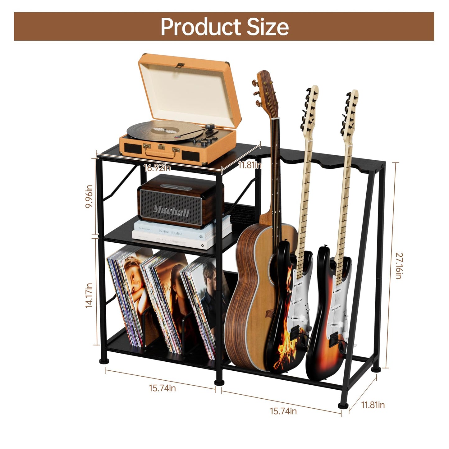 Hosfais Record Player Stand, 3 Tier Guitar Stand for Acoustic, Electric Guitar, Bass Stand, Vinyl Record Storage Up to 200 Albums, Brown Records Shelf for Living Room Bedroom (Black)