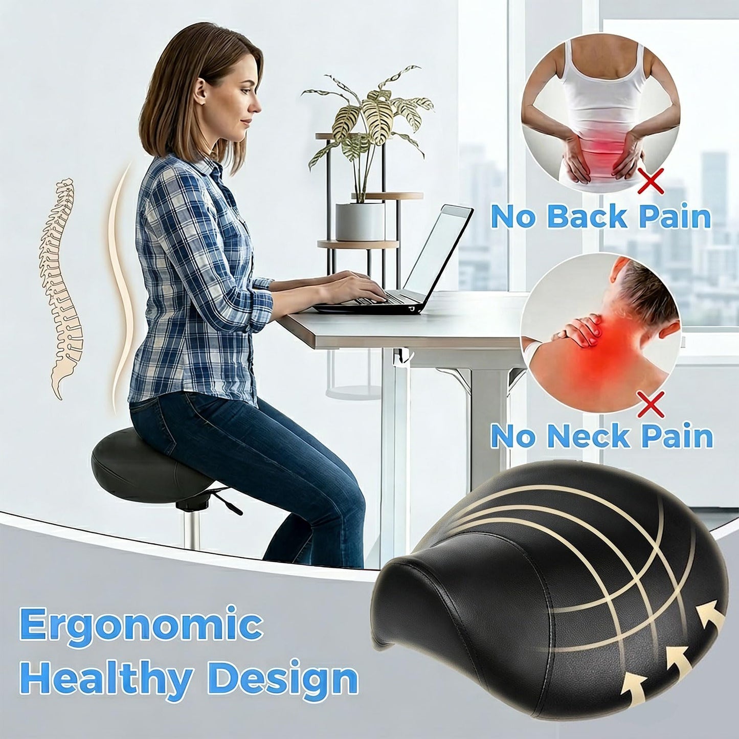 BEWISHOME Saddle Stool with Wheels, Ergonomic Contoured Seat, Thick Cushioned PU Leather Swivel Saddle Chair with Adjustable Height for All-Day Comfort, for Salon, Clinic, Studio and Home Office
