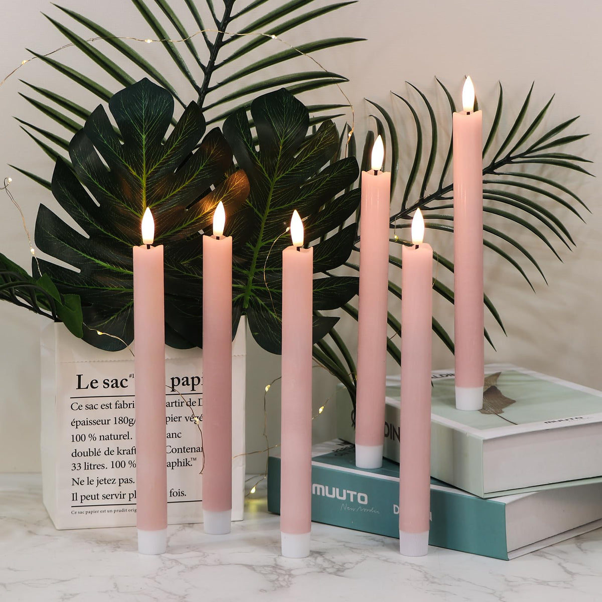GenSwin Flameless Pink Taper Candles Flickering with 10-Key Remote, Battery Operated Led Warm 3D Wick Light Window Candles Real Wax Pack of 6, Christmas Home Wedding Decor(0.78 X 9.64 Inch)