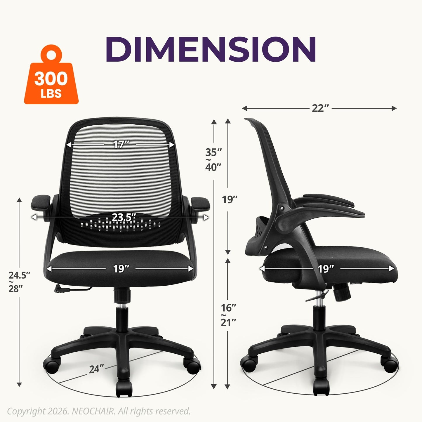 NEO CHAIR Office Desk Gaming Ergonomic Computer Chair with Lumbar Back Support Adjustable Height Swivel Rolling Wheels Flip-up Arms Mesh Chair for Home Vanity (Black)