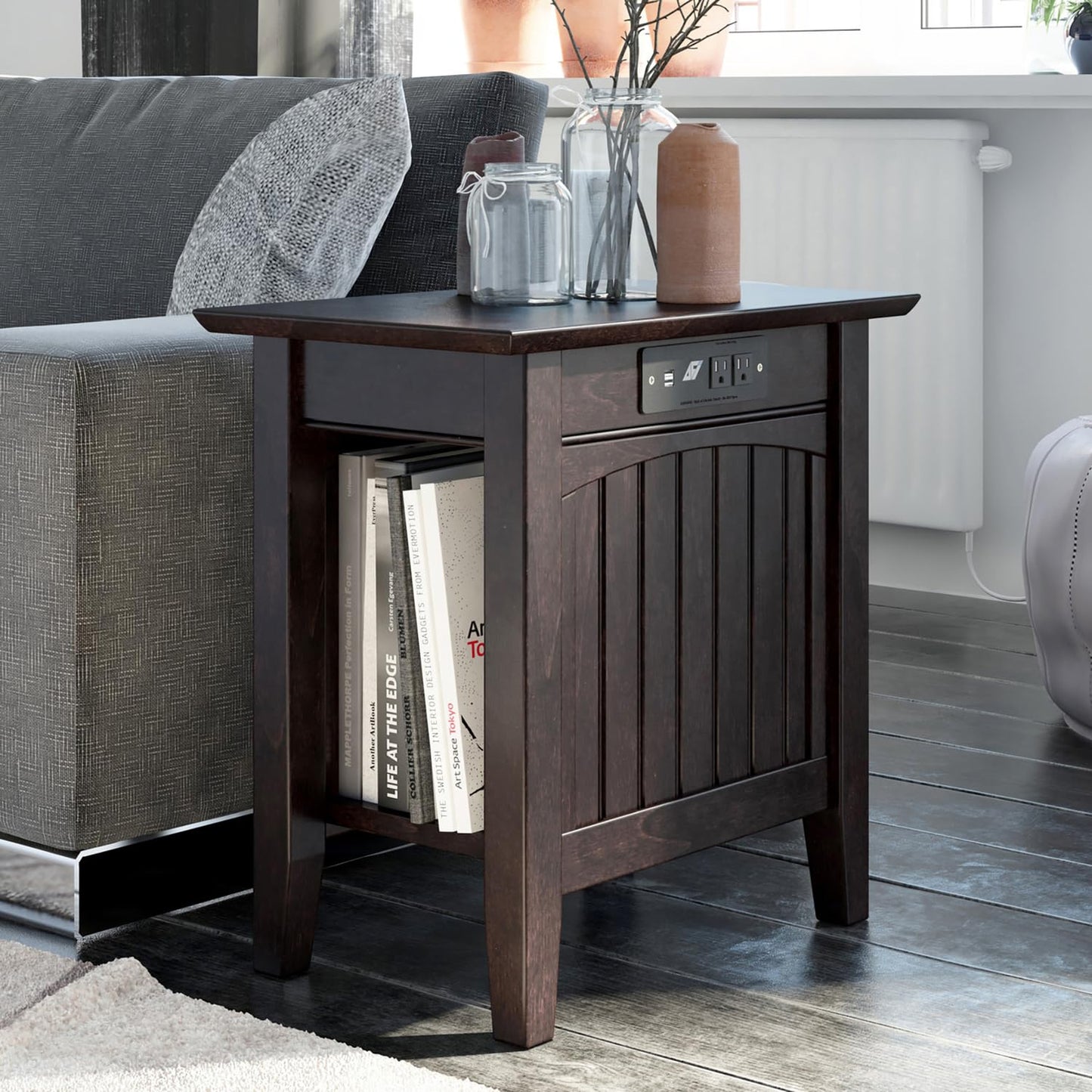 AFI Nantucket Chair Side Table with Built-in Charger in Espresso