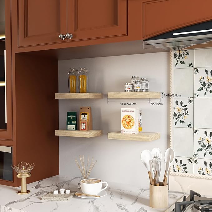 Oak Floating Shelves for Wall, Kitchen & Living Room Decor Display, for Plants