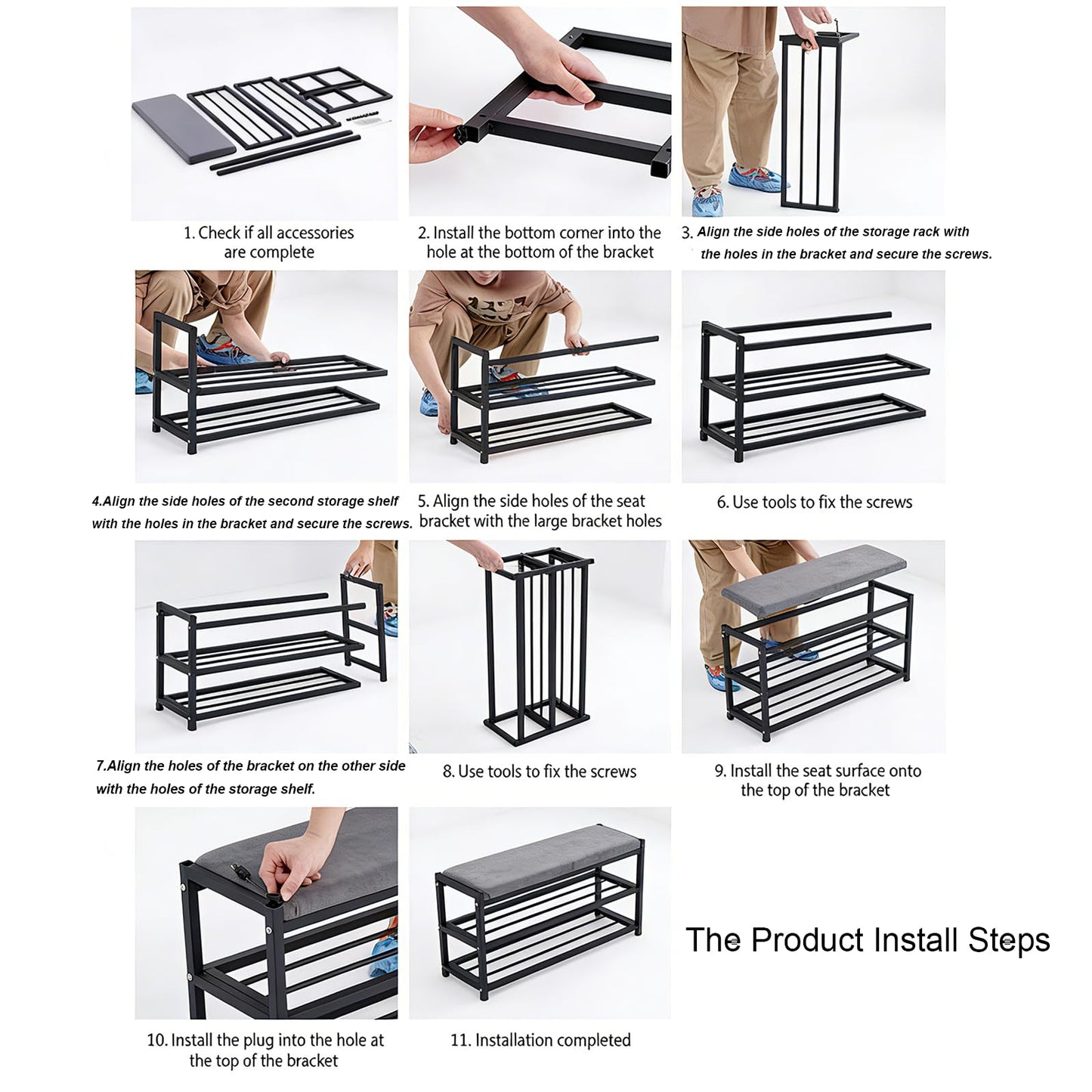 PQSQRJU 2-Tier Shoe Bench with Padded Cushion, 12-Pair Entryway Storage with Sturdy Metal Frame, Space-Saving Shoe Rack with Seat, Gray, 31.9x12x19.3 Inches