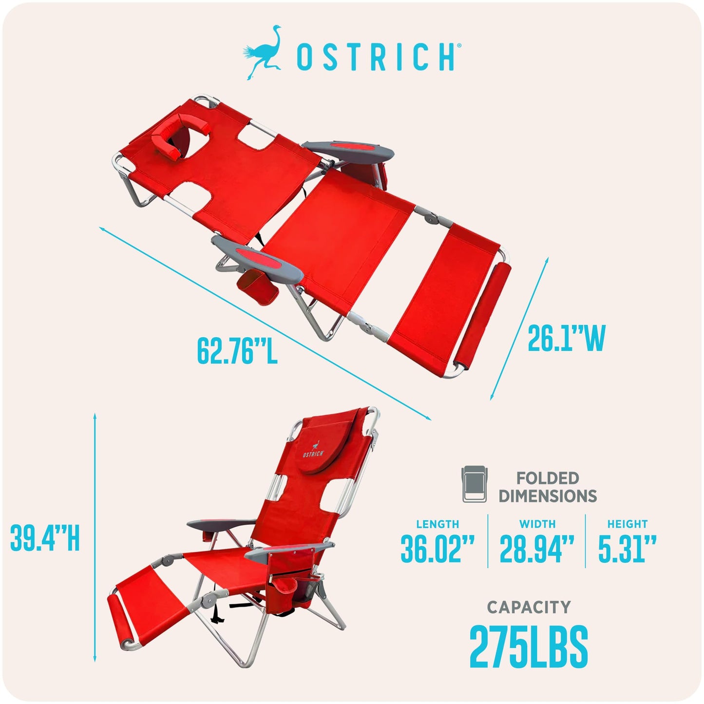 Ostrich the Backpack 3N1 Portable Chair with Cooler Bag and Reclining Lounger for Tanning, Camping, Beach, and Outdoor Essential, Red