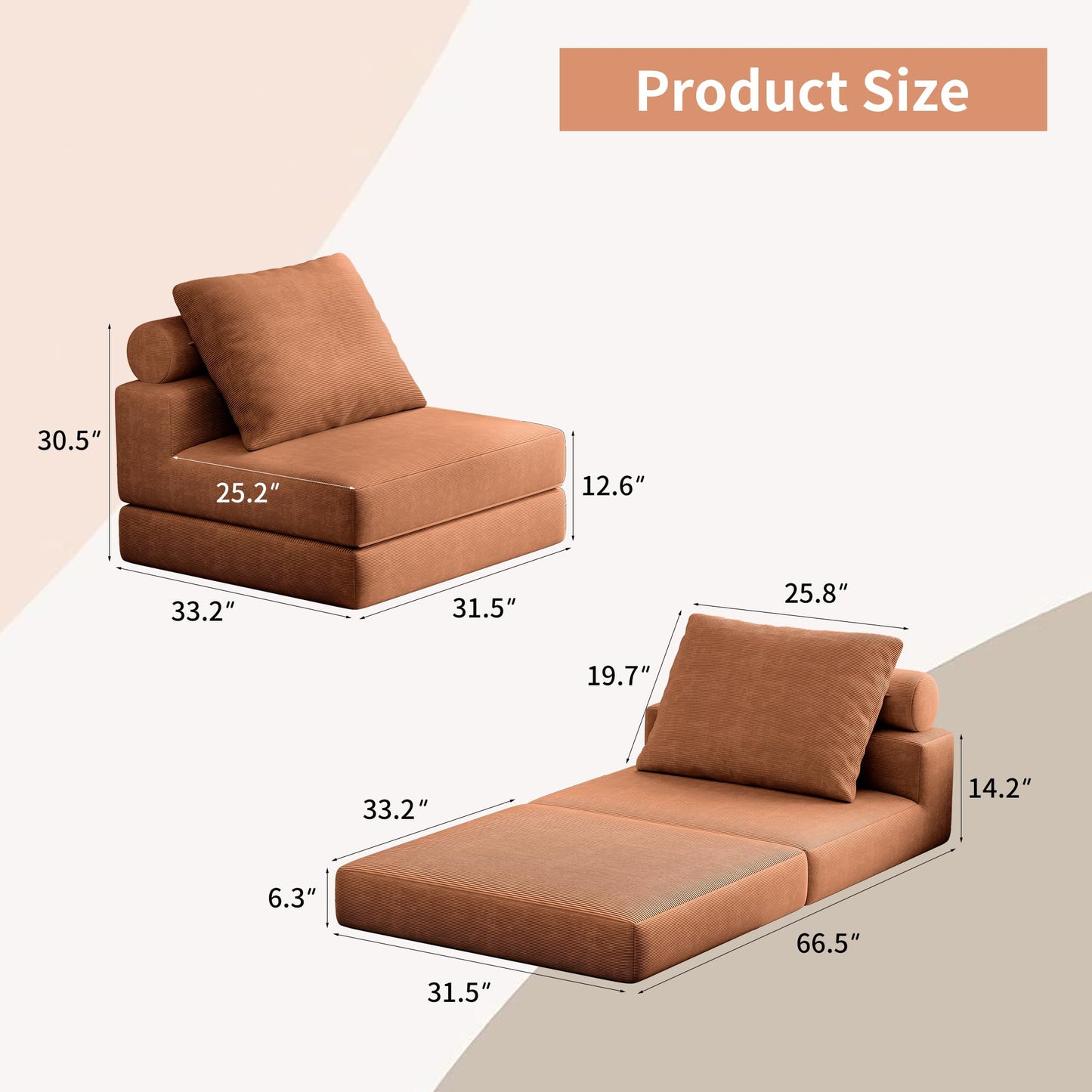 Lumbershed Folding Sofa Bed, 3-in-1 Convertible Sleeper Chair Bed with Pillows, Foldable Floor Couch with High-Density Foam, Futon Small Boneless Couch for Living Room Bedroom Lounge, Single, Brown