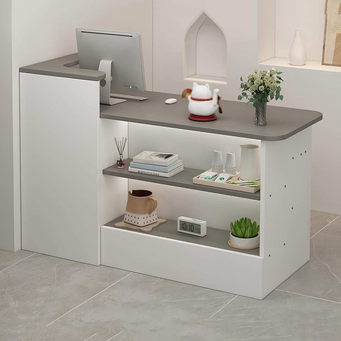 L Shaped Reception Desk - Modern Wooden Checkout Counter with Open Shelves and Drawers for Office, Hotel, Store, or Beauty Salon