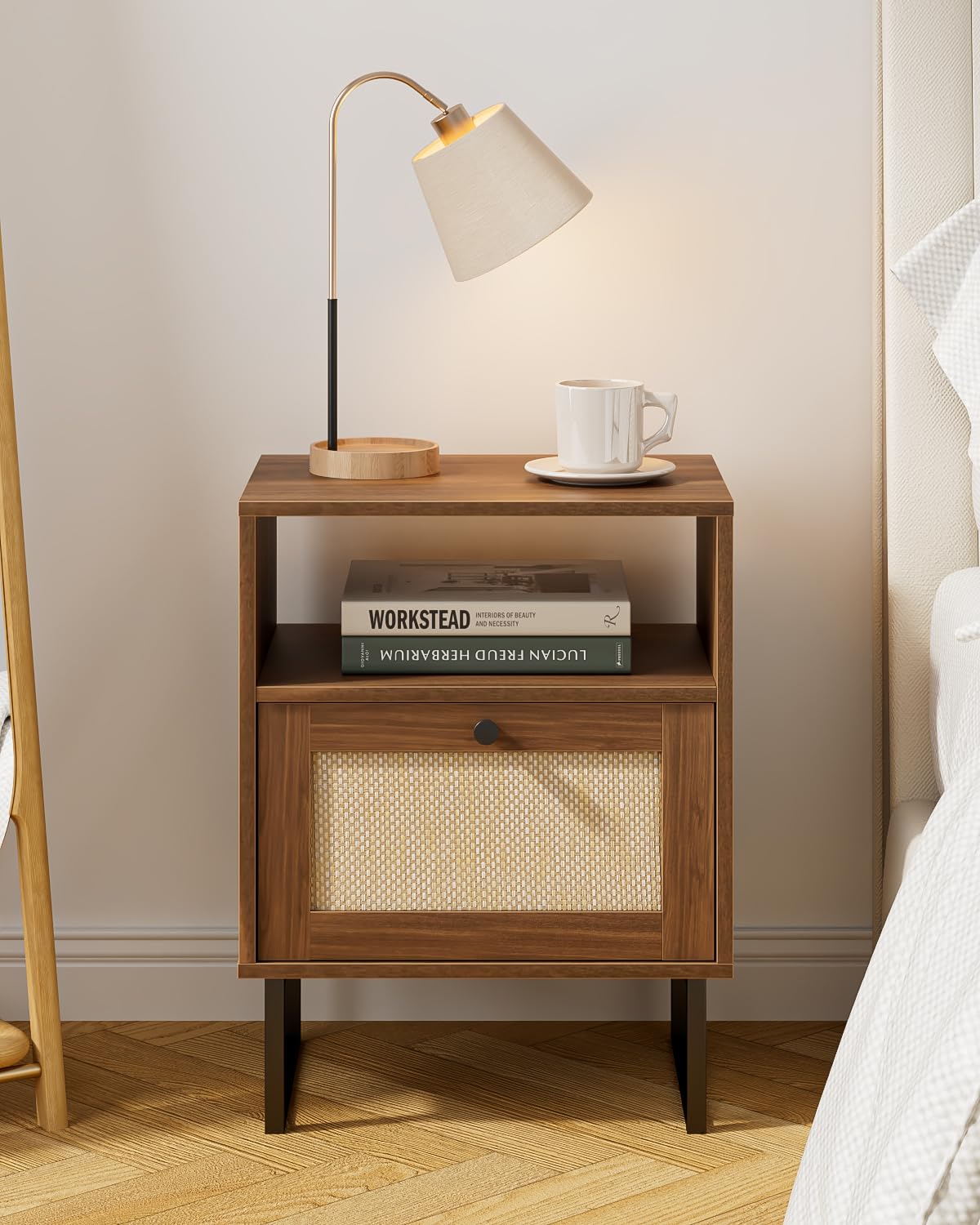 Masupu Rattan Nightstand,Modern Boho Farmhouse Wood Bedside Table with Storage Drawer and Open Shelf,Small Black Frame Side End Table for Bedroom,Living Room,Office (Walnut)