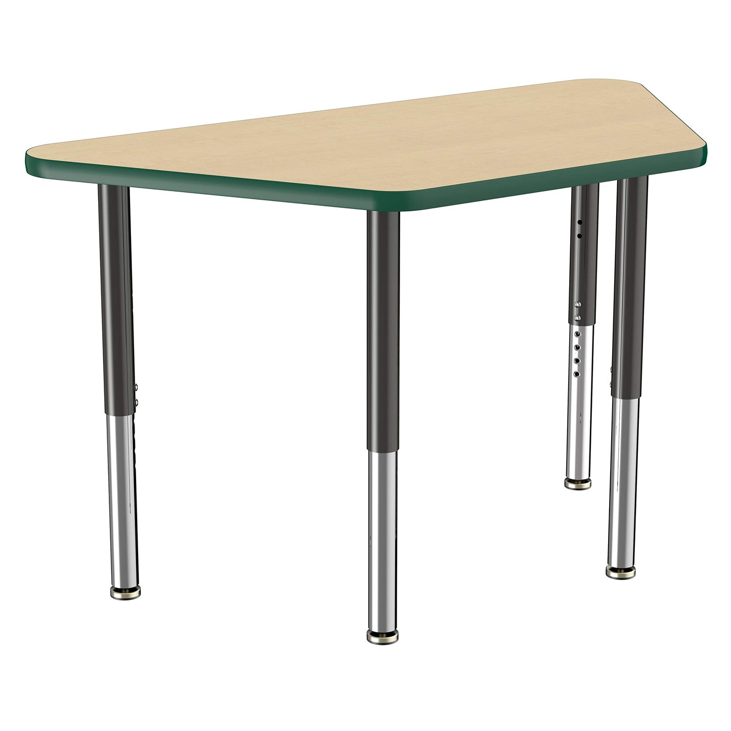 FDP Mobile Trapezoid Activity School and Office Table (24 x 48 inch), Super Legs with Glides and Casters for Collaborative Environments, Adjustable Height 19-30 inches - Maple Top and Green Edge
