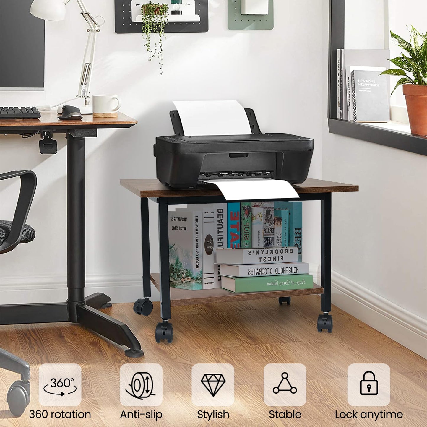 SwaaVee Printer Stand, 2-Tier Under Desk Printer Stand, Printer Cart with Wheels for Home, Office, Heavy-Duty Storage Shelf, Rustic Brown