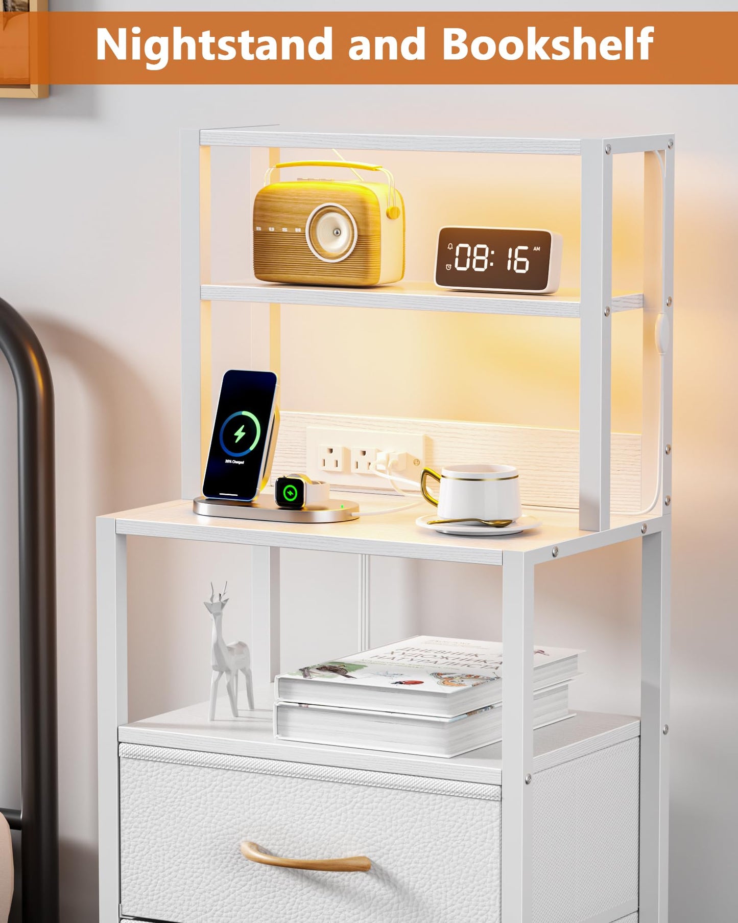 Furnulem Night Stand, White Bedside Nightstand with 4-Tier Shelves and 3 Fabric Drawers, LED Bed Side Tables with Charging Station, Tall Dresser for Bedroom, Hallway, Office