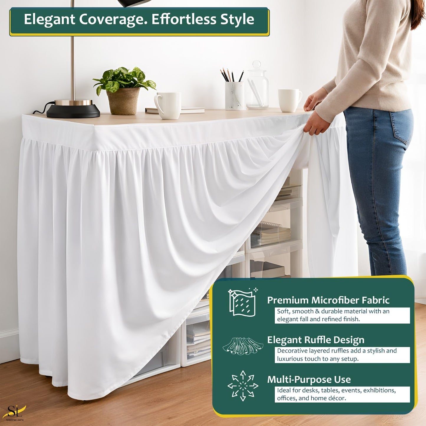 Shreem Linen Dorm Desk Skirt, Ruffled Gathered Table Cover, Custom-Fit, No Platform, Split Corners, Under Desk Storage Cover for Dorm & Home Office, White Desk Skirt (D24 x W32 Skirt H30 Inches)