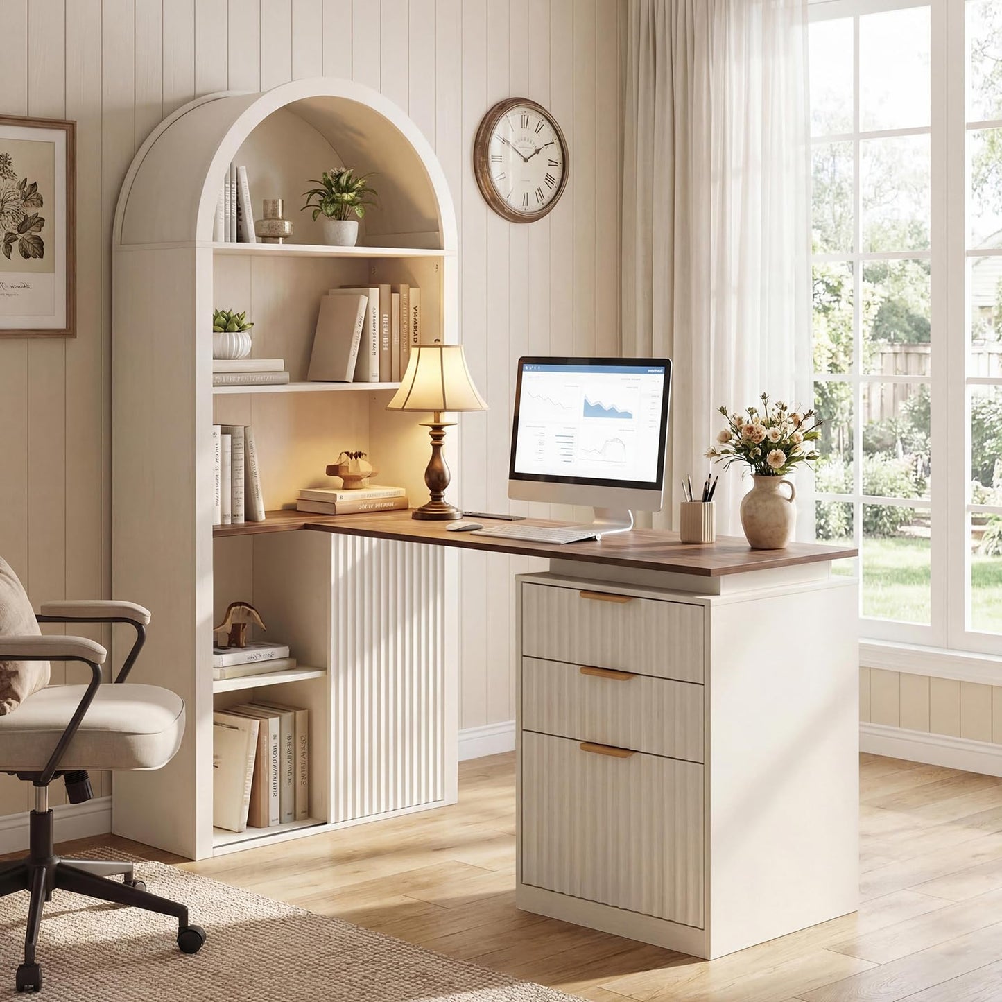 NORTHSKY 61" L Shaped Desk with Arched Hutch, White Corner Computer Desk with Power Outlets, 3 Drawers, File Cabinet and Sliding Door Storage for Home Office