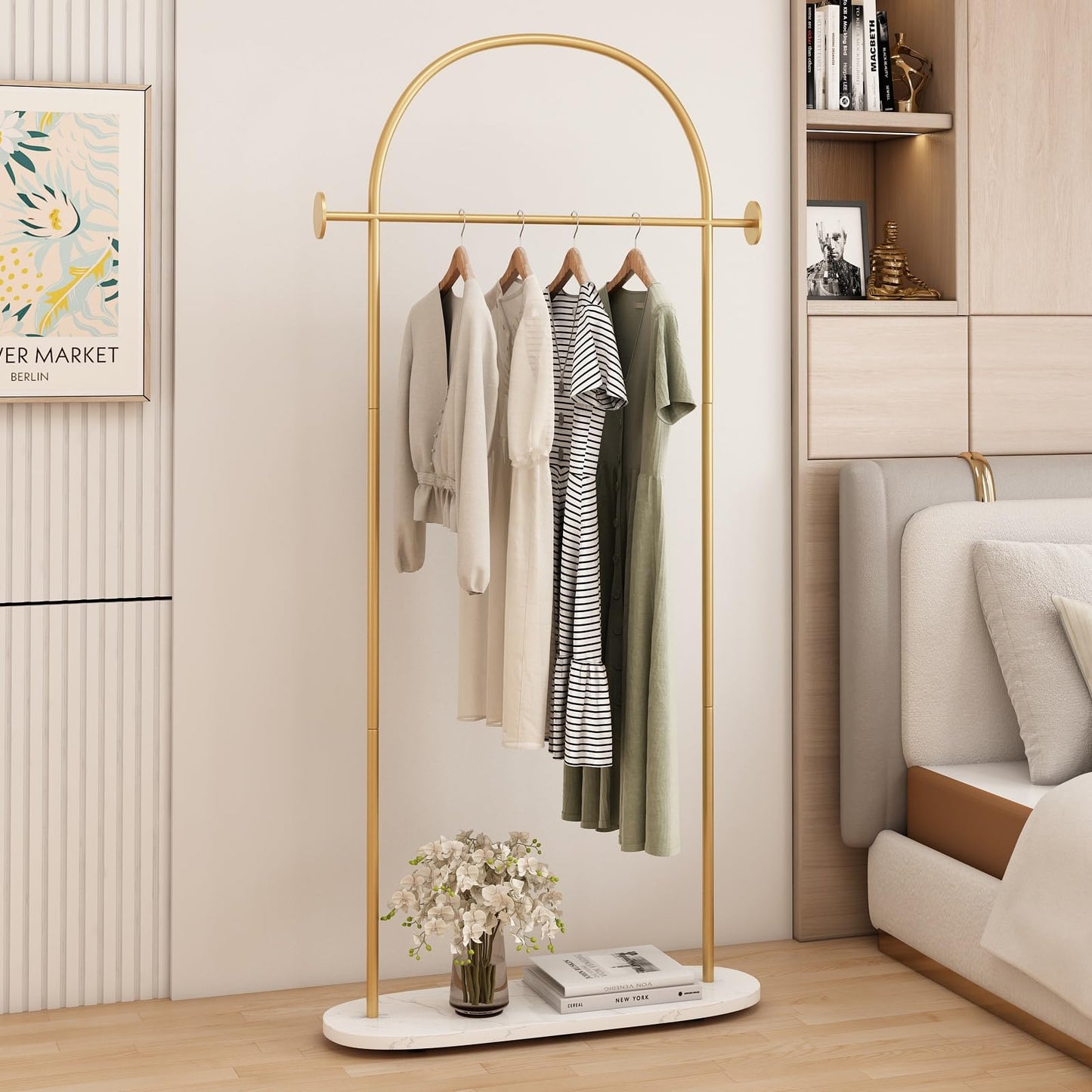 IronJiaZu Modern Gold Coat Racks with Marble Base, Gold Clothing Racks with Shelves, Heavy Duty Clothes Rack Stand for Entryway, Bedroom, Living Room, Boutiques
