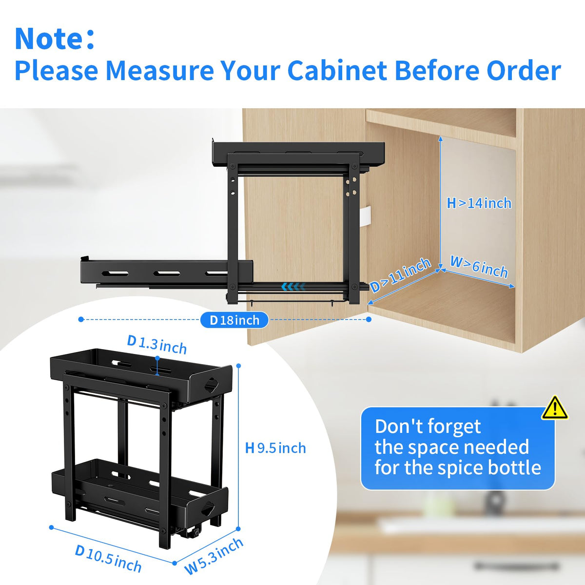 BOIVSHI Pull Out Spice Rack Organizer, 2-Tier Vertical Spice Rack, Height Adjustable for Kitchen Cabinet (5.3''Wx10.8''Dx9.2''H, Metal Black)