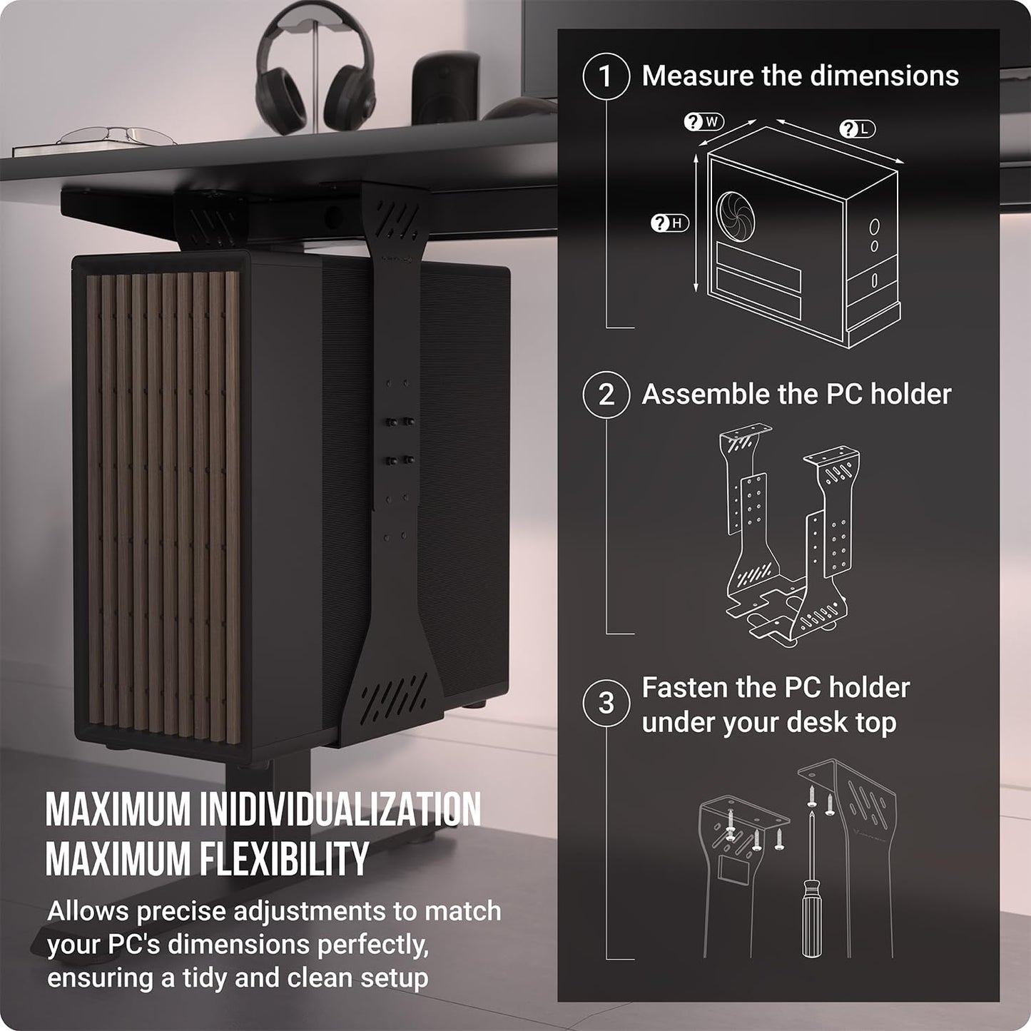 Heavy Duty Under Desk PC Holder – Up to 77 lbs Load Capacity - Adjustable Computer Tower Holder – CPU Holder Under Desk Mount - PC Holder Under Desk – Under Desk Computer Mount (Black)