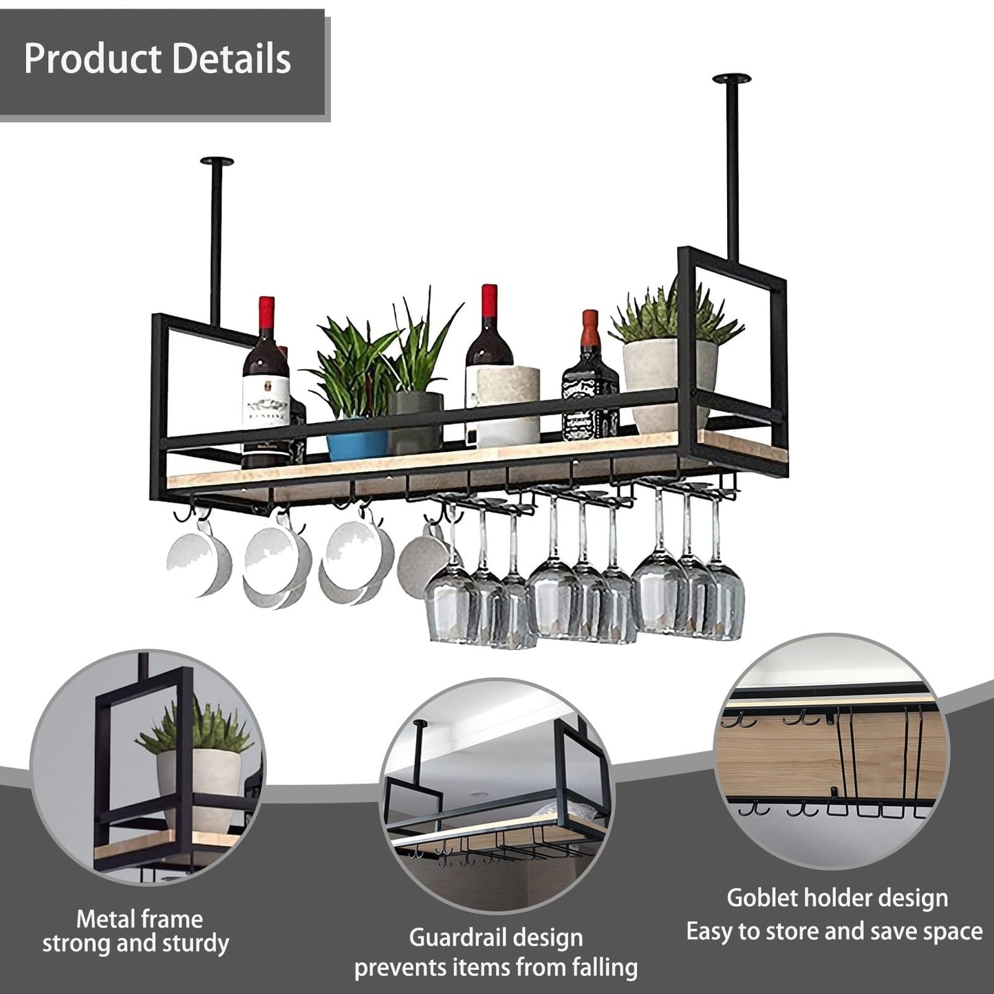 GYRHNNP Wall Mounted Wine Glass Holder - Metal Ceiling Hanging Wine Rack & Floating Bottle Shelf for Kitchen, Bar, Cafe - Stylish Storage Solution (Size: 100x30x60cm)