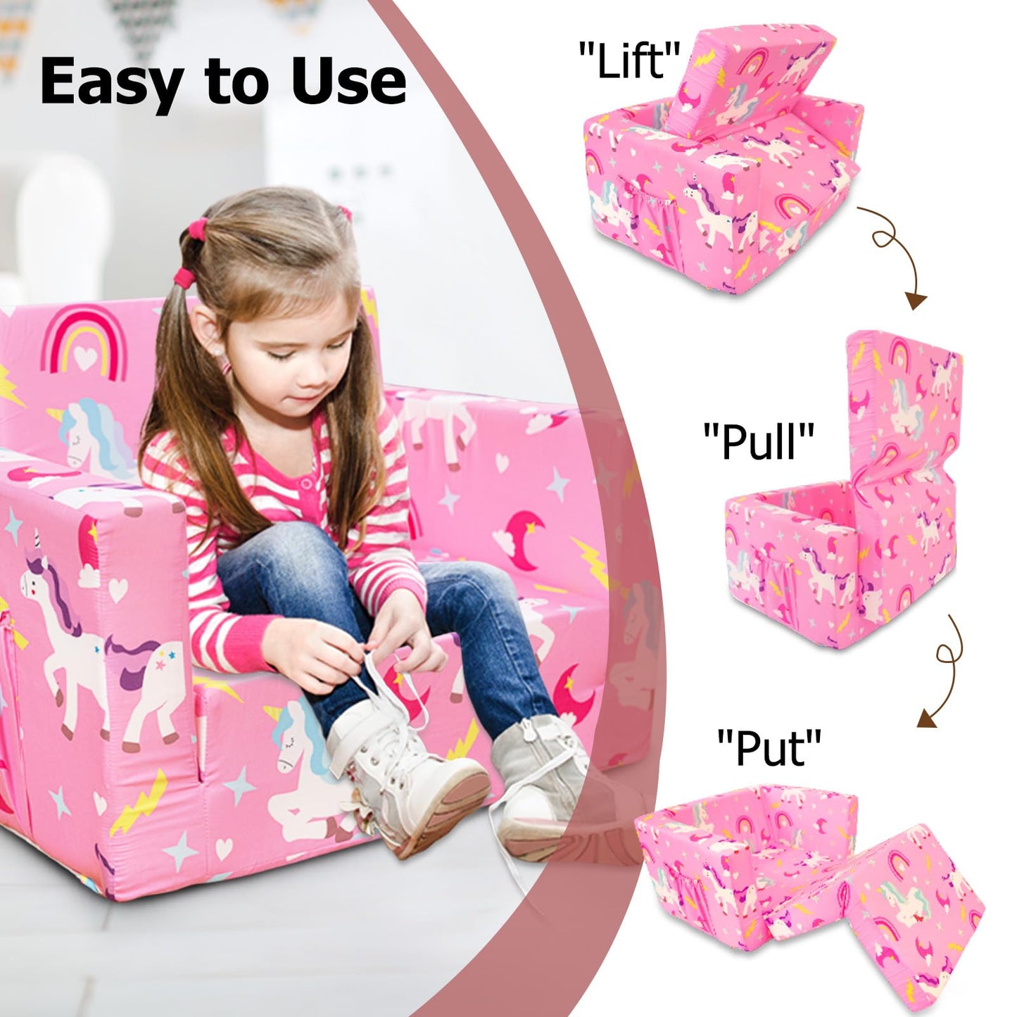Beavtaens Kids Couch, 2-in-1 Kids Fold Out Couch, Convertible Sofa to Lounger for Girls and Boys, Soft Toddler Chairs Comfy 1-3 Years Old - Light Pink
