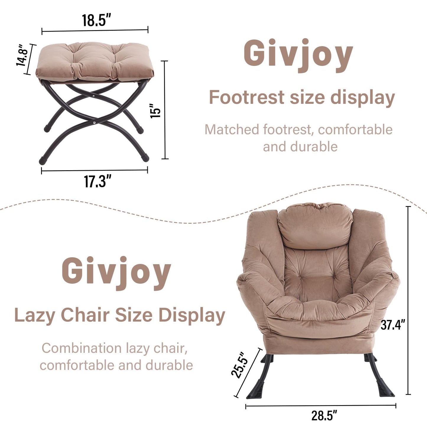 Givjoy Lazy Chair and Ottoman, Large Velvet Brown Accent Chair with a Side Pocket, Modern Leisure Upholstered Sofa Reading Armchair with Footrest for Office, Bedroom, Living Room, Dorm Rooms, Balcony