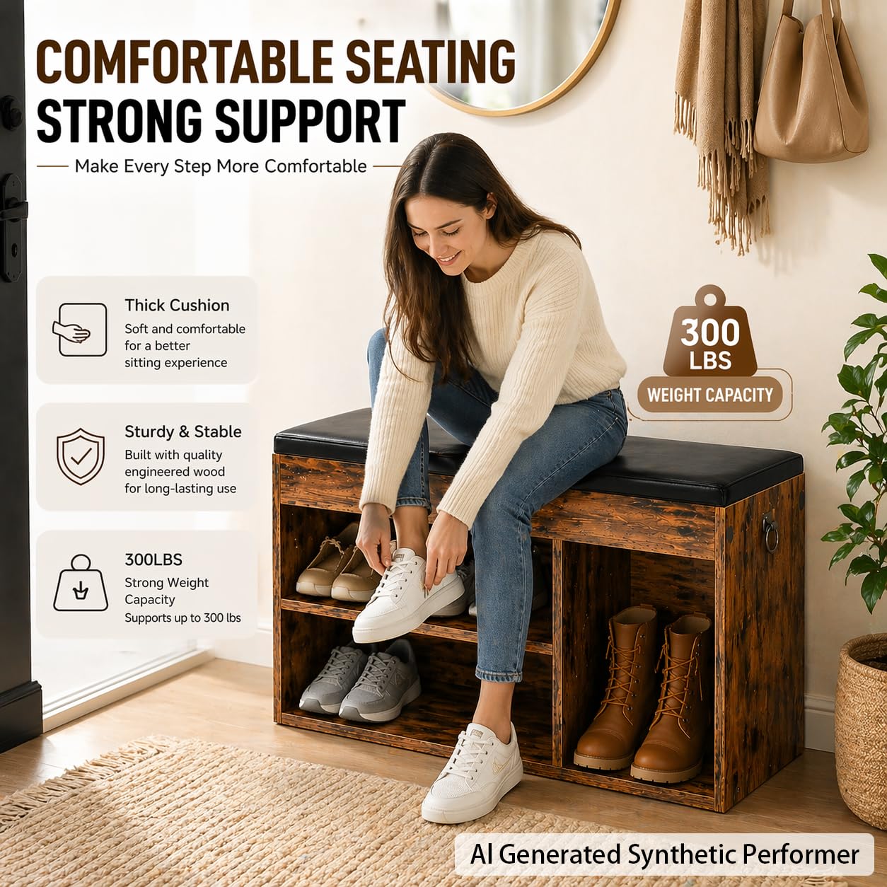 HOOBRO Shoe Storage Bench with Cushion, 32.3'' Entryway Bench with Lift Top Hidden Storage and Adjustable Shelves, Wooden Shoe Rack Bench for Entryway Bedroom, Rustic Brown and Black BF40HX01
