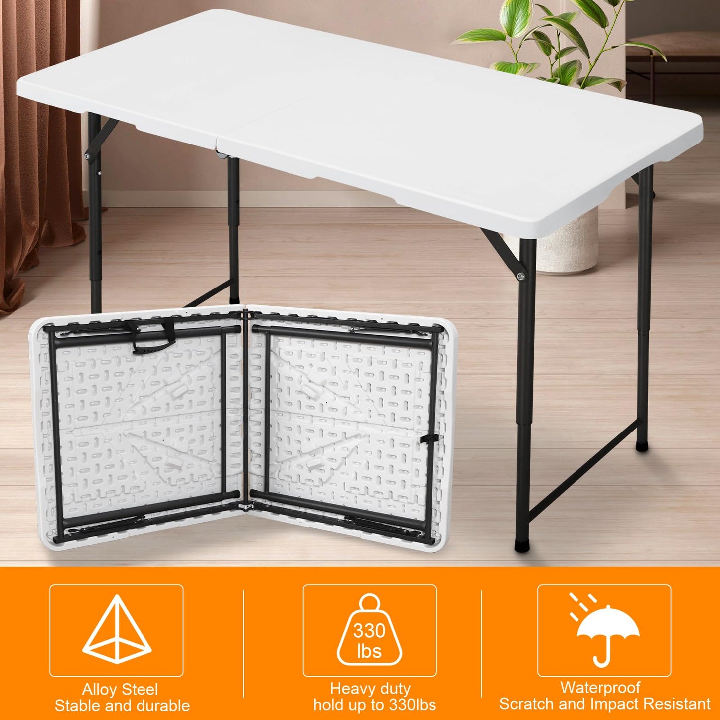 FROASISPRO 4ft Folding Table, Portable Fold-in-Half Adjustable Height Utility Table for Indoor/Outdoor Use, Durable HDPE & Steel, Stable & Lightweight, Multi-Purpose, White