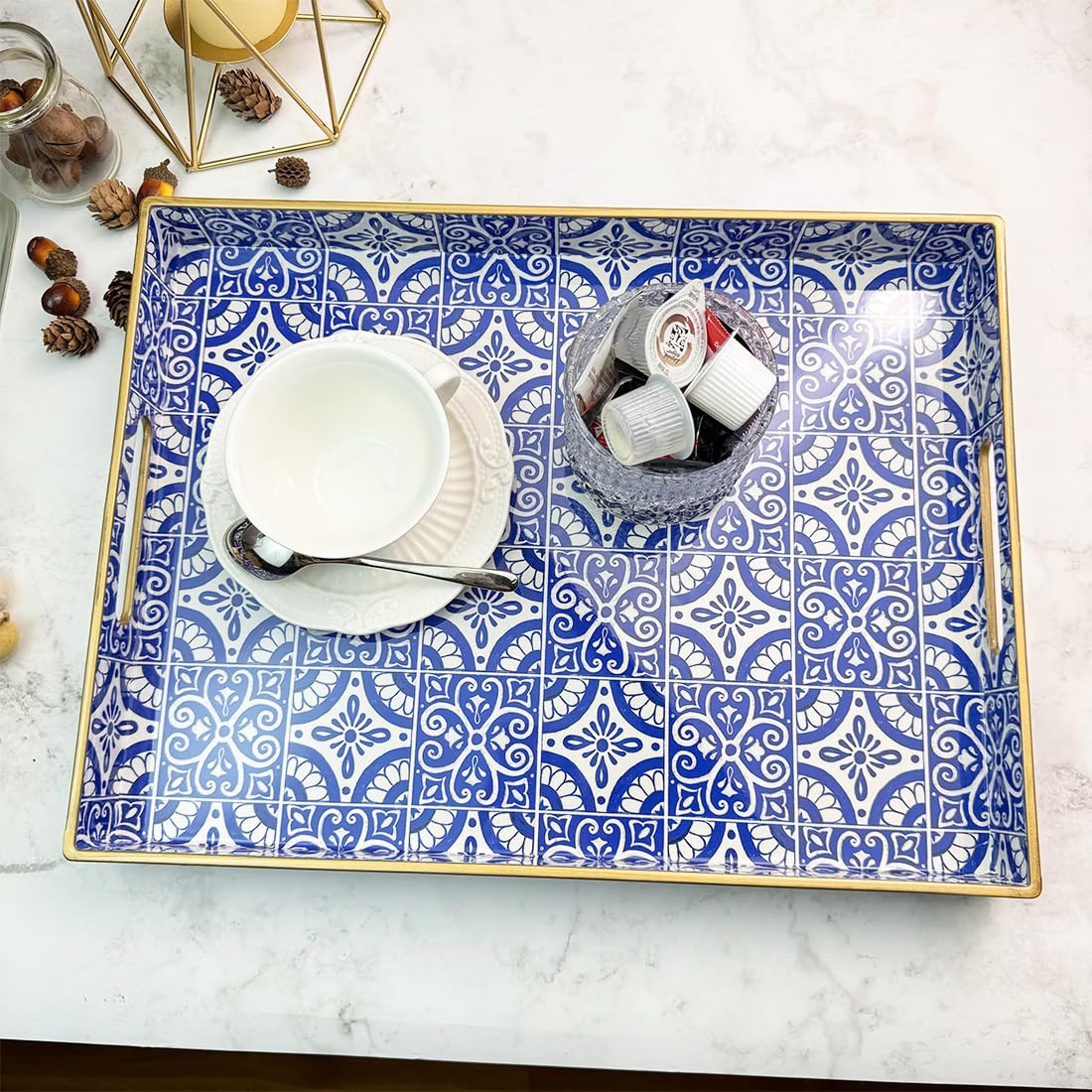 Umisriro Serving Tray with Handles, Rectangular Decorative Trays for Coffee Table, Plastic Ottoman Tray for Living Room, Decor, Boho Blue, 15.7”*11.8”*1.6"