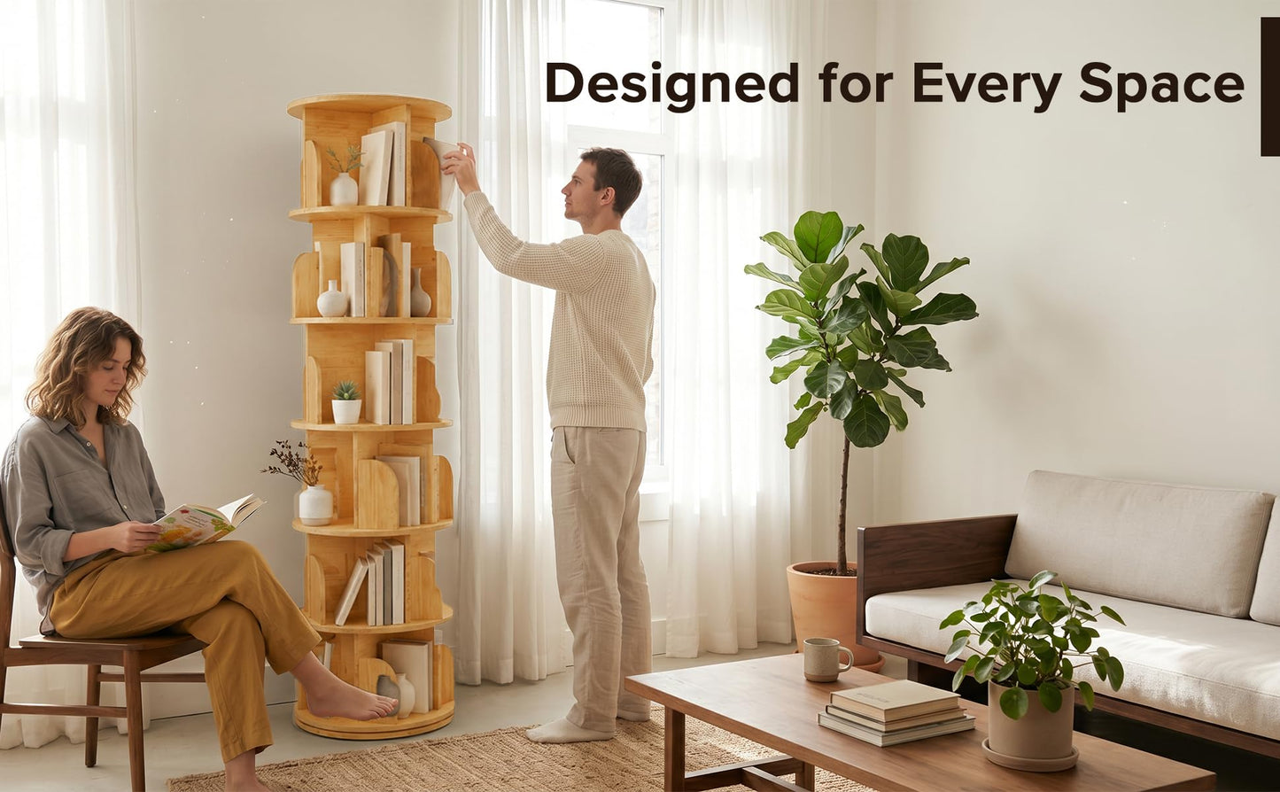 Maison Atelier 6-Tier Rotating Bookshelf with 18″ Wide Shelves, Solid Wood Bookcase for Living Room, Bedroom & Kids Room, Space-Saving Corner Bookshelf with Lazy Susan Organizer - [Pine]