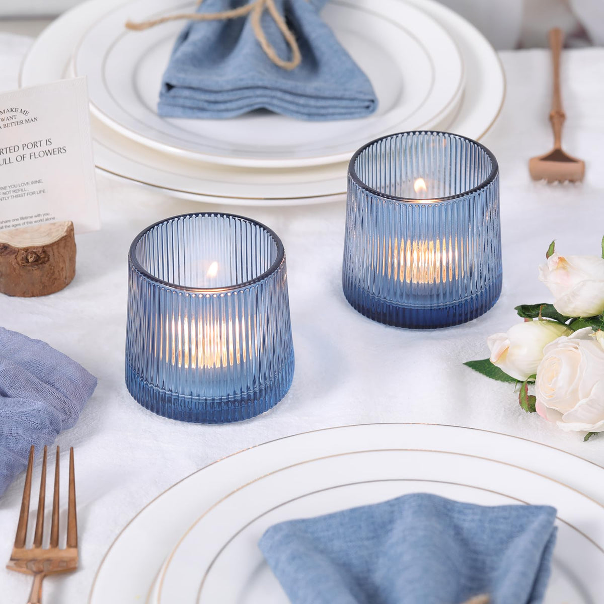 DARJEN Blue Ribbed Tealight Votive Candle Holders Set of 10- Votive Candle Holders for Table Centerpiece, Tea Light Candle Holder Glass for Wedding and Home Decor, Blue Decor and Gifts