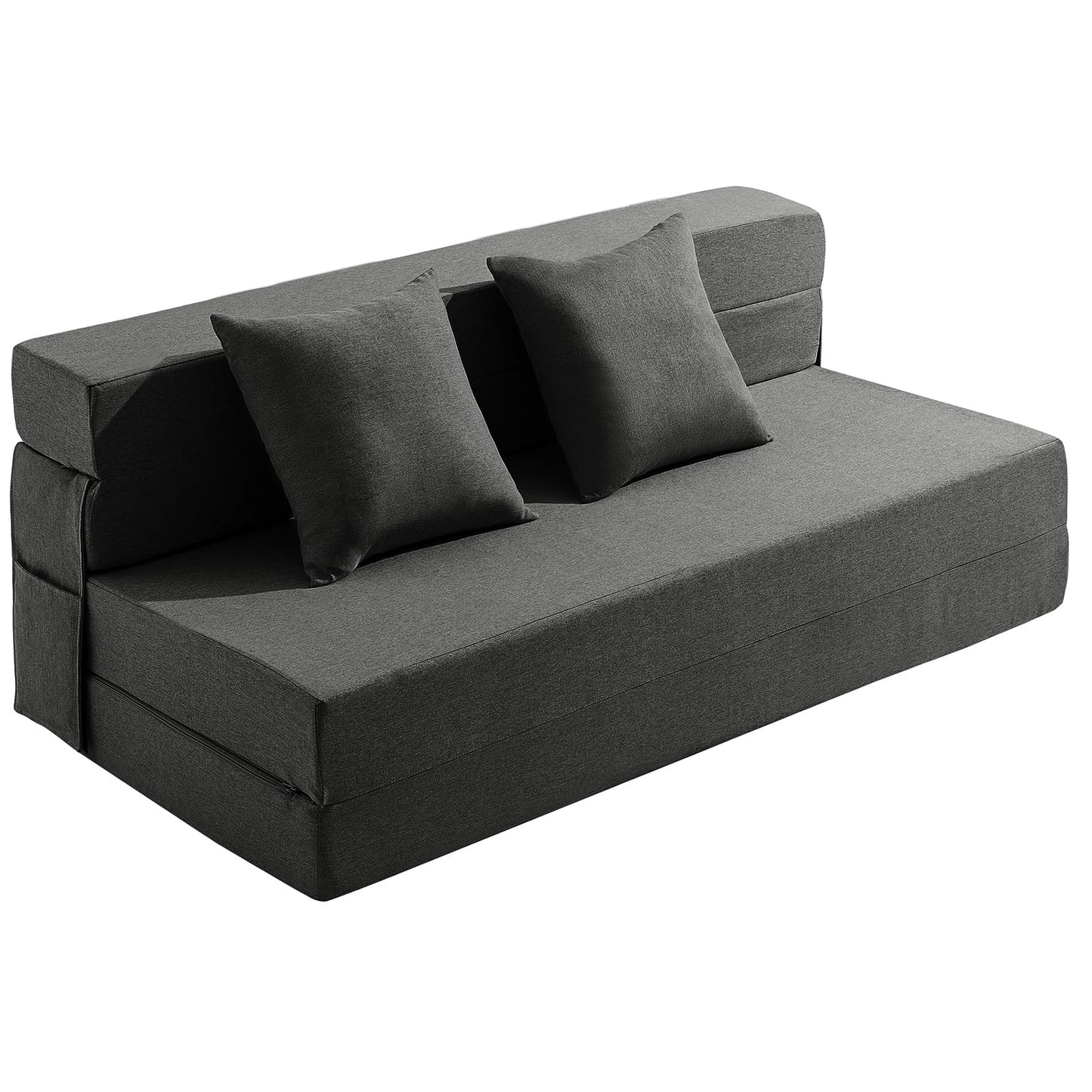 JKMAX Queen Size Folding Sofa Bed - 4 in 1 Sleeper Chair with Two Pillows - High Density Memory Foam Futon Couch - Convertible Folding Bed with Washable Modern Linen Cover for Apartment (Dark Grey)