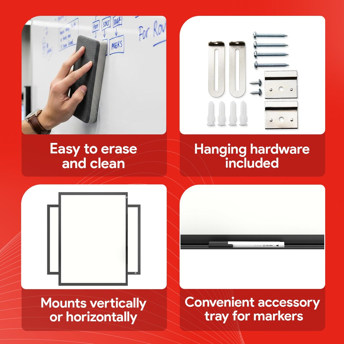 TRU RED Magnetic Porcelain Whiteboard | Dry Erase Board for Wall, White Board with Black Frame, 6 ft x 4 ft, 4 Chisel Tip Markers Included